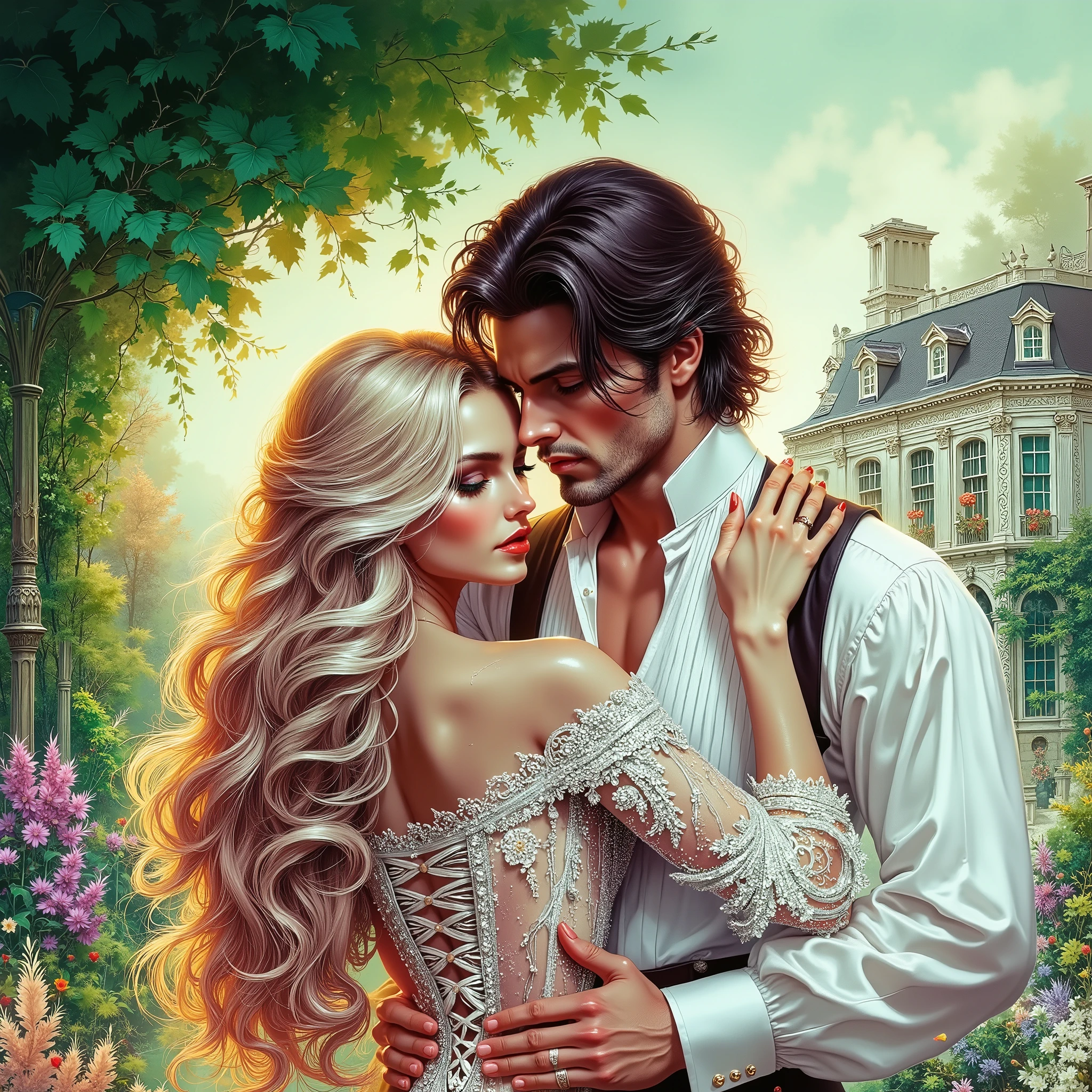 (((EXTREMELY DETAILED ULTRA-REALISTIC FOREGROUND 3D RENDER: 1.4))) fullwaist SatinGlossing vibrantcontrasting  vivid white-green-magenta-gold colors for cover of passionatenovel,professional hyperrealistic digitalartphoto,full growth ofseriously severe handsome 40yearmangeneral with ultralongBLACKhair inshirt press to hugs fulllength flirting youngwoman with BLONDEhair in longsatingown.Victorian engdress.back detailPalace-house and blooming garden.looktome!Idealforbookcover,ideal composition,idealanatomyproportions,perfect fingers,ideal posehd16k hd Glow magic Glow magic. mythic fog dark background. Light illuminates every detail. Perfect smooth silk hair. [[[Draw a soft, dreamy watercolor]]] The background has variations in blurred tones, composition that evoke calm, ethereal atmosphere. Soft light shines through the, the smoky quality of the. subtle details are gently defined, enhancing the overall gentle and picturesque effect of the. , showing shades of deep color with subtle details around the edges, scene creating a vivid contrast with the cream, the muted background and the simplicity of the elegant, Fleeting beautiful moments are fragile, but immortalized in art. (((EXTREMELY DETAILED ULTRA-REALISTIC 2D FOGGY PASTEL BACKGROUND: 1.2))) (((GOLDEN SHINY DETAILS JEWELRY,SHINY TRANSPARENT STONES)))

