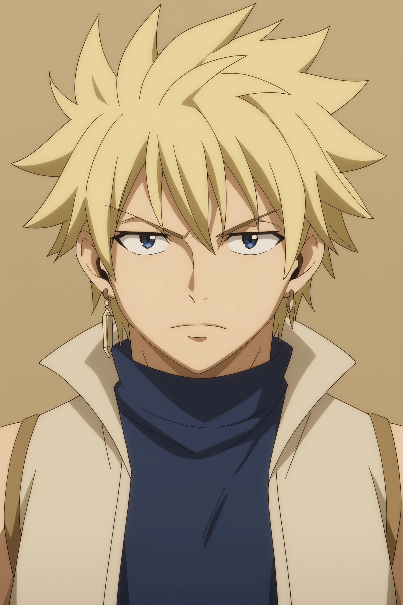 StingFT, looking at viewer, (((messy fringe, soft bangs falling over forehead, hair down))) sting eucliffe-1male focus, blonde_sting eucliffe_hair, brown_sting eucliffe_single scar, blue_sting eucliffe_eyes, light yellow_sting eucliffe_single earring, male focus, anime screencap, cozy indoor lighting, official style, blue eyes