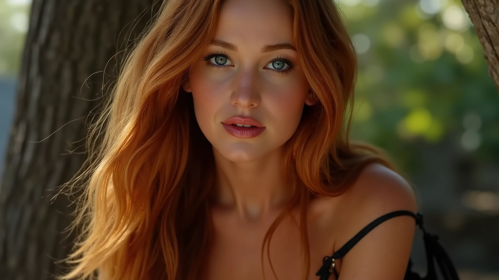 score_9 , score_8_up , score_7_up , portrait , 1girl ( , (redhead) , (beautiful and detailed face) , cute face , very big eyes , blue eyes , high cheekbones , skin with a yellow pink , (very straight hair) , small forehead , natural Burgandy hair , shoulder length hair , (thin hair) , hair falling straight down to shoulders , small breasts , miniscule , slender , ephemeral , lingerie dress) , (midriff)} , skimpy clothes , seductive , blue eyes , mascara , score_9 , score_8_up , score_7_up , 8k , (very detailed) , high detailed texture , depth of field , golden hour , cinematic illumination , volumetric lighting , rating explicit , concept art , digital art , realistic , dark theme , source_realed hair , wild hair , mane, standing over magnificent tree branch, whole body view style