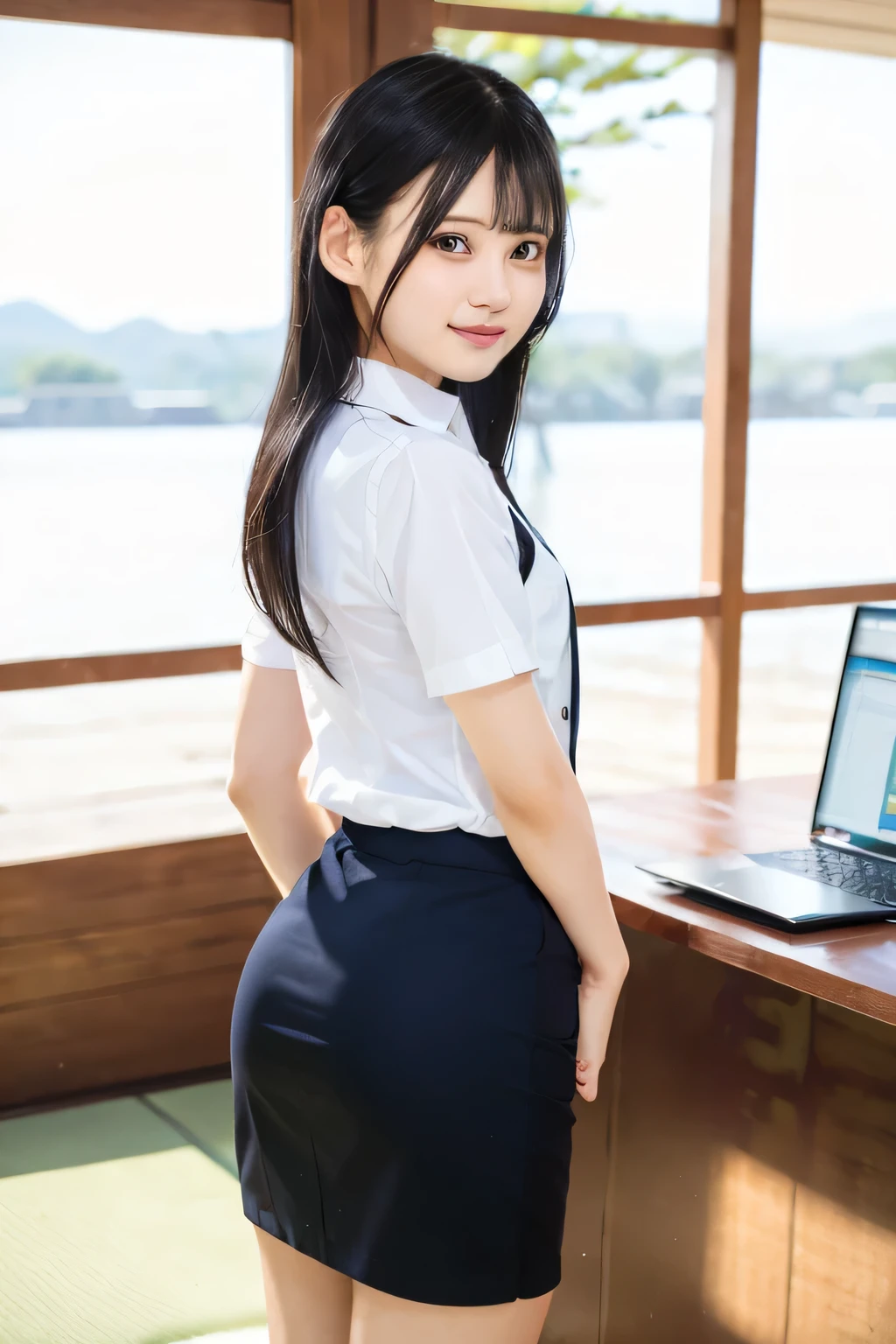 Highest Quality、 masterpiece 、 one young beautiful woman wearing a Japanese office lady uniform, beautiful face、 Japanese office lady uniform 、 white collar short sleeve shirt、black vest、black miniskirt 、 slim figure with braided blonde hair 、thin legs、smile, 、and emphasize buttocks、 back view、office,