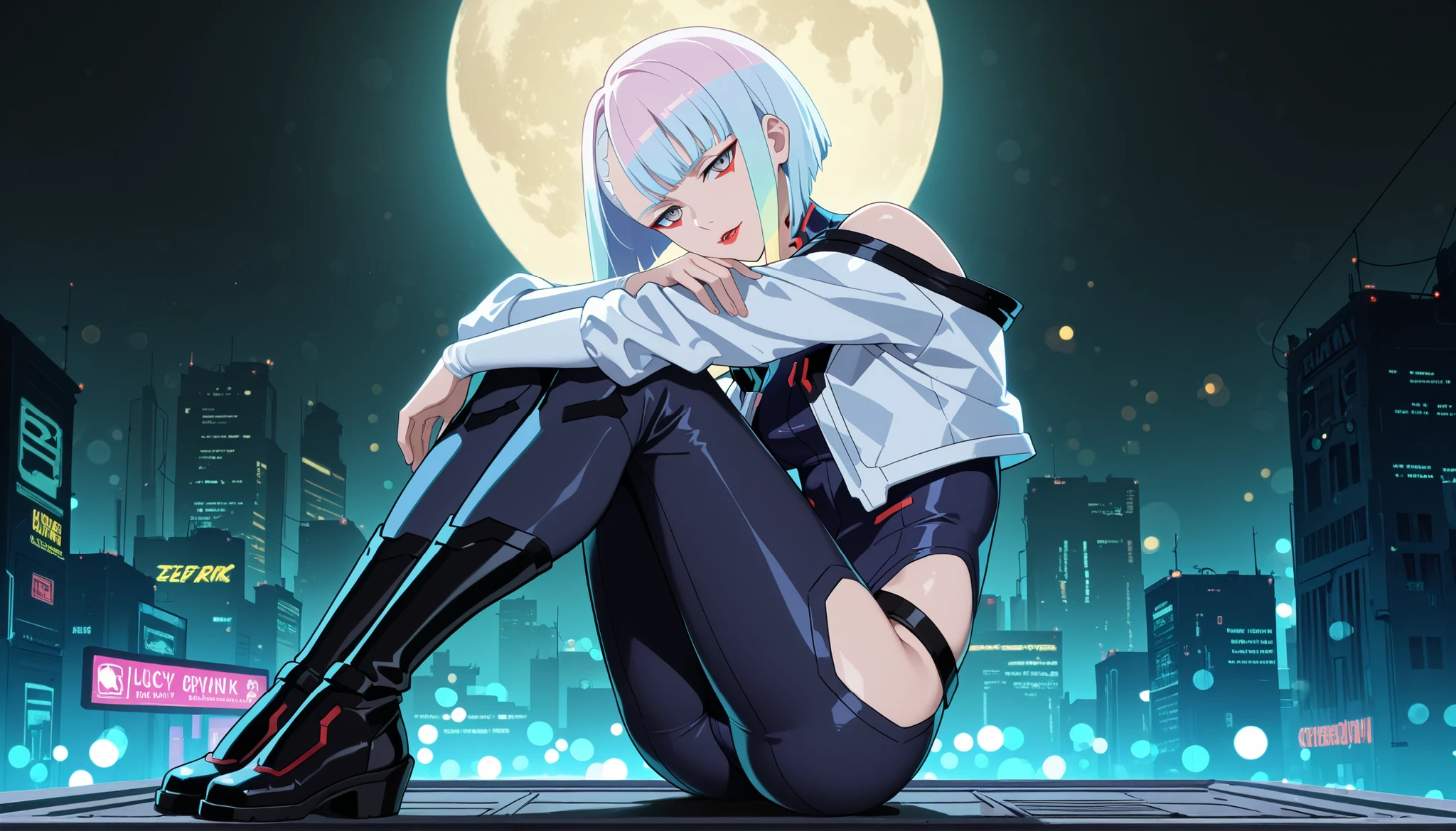  Lucy walks around town  \(Cyberpunk\), Looking for an audience , 1girl, hime haircut , Silver hair,  colored tips , full moon, beautiful waist,  sits sideways to the viewer,  on the edge of the roof , tight black pants,  wraps her arms around her knees , neckline, kneels, buttocks,  Slender legs, with grey eyes, ((detailed eyes)), jacket, long sleeves, beautiful waist, buttocks, very sexy, erotica, Look at the viewer, medium length hair, colorful hair,  Bangs separated , Opened lips, pink-haired, portrait, red eyeliner, red lip, One,  white jacket, cyberpunk character\(series\), Дождливая ночь в неоновом Cyberpunkовском городе,Two-dimensional,Cyberpunk эджраннеры,  loyalty to Lucy from Cyberpunk 2077 , (( bokeh background ))