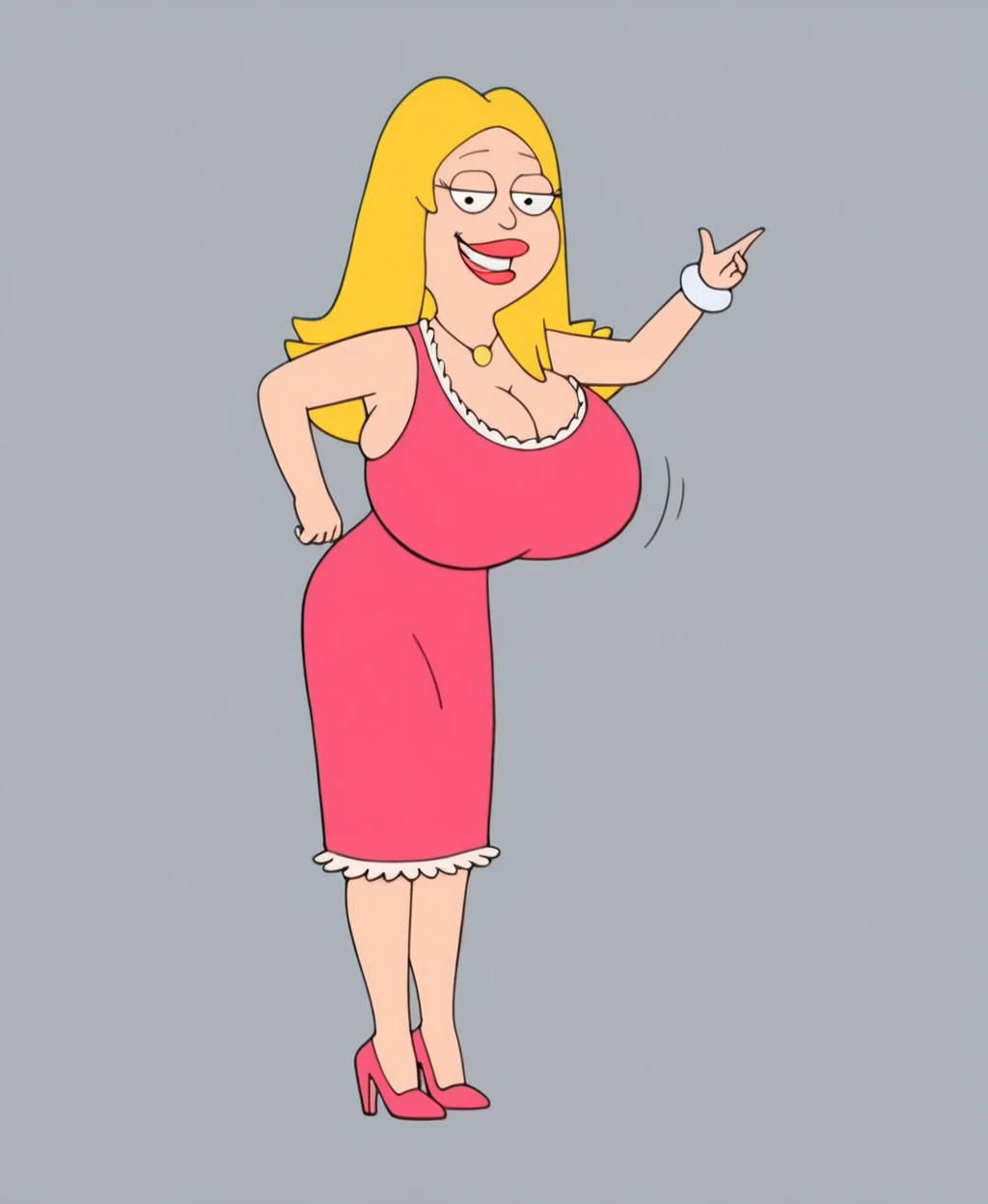 <lora:Francine_Smith1:1> francine, large breasts, cleavage, pink dress, bondage collar, blonde hair, pink lipstick, black eyeshadow <lora:Ghost Hands:1> disembodied hands, ghosthands, ghost hands groping breasts