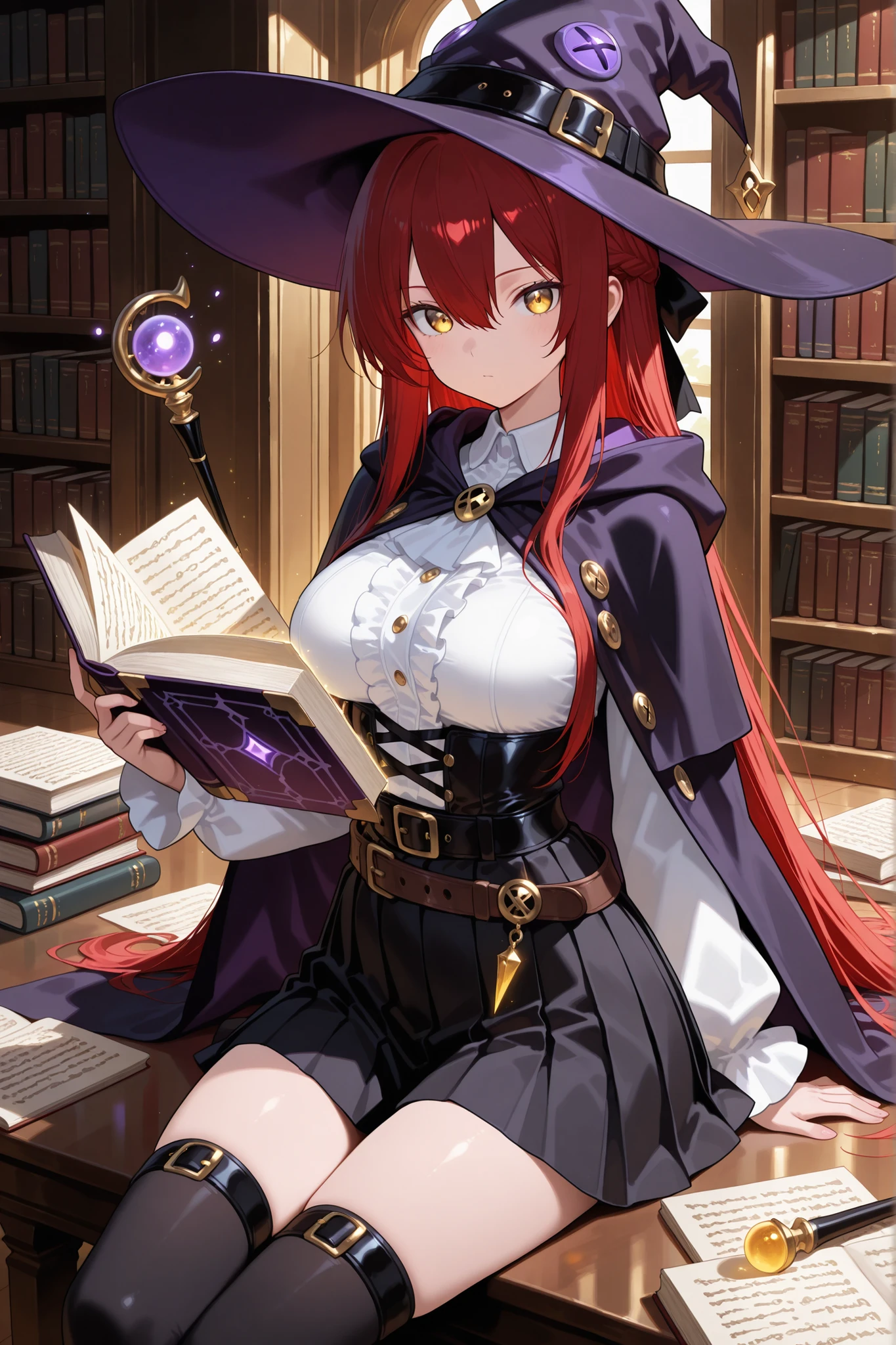 (Masterpiece, Best Quality)girl with large breasts,witchy,long red hair and eyes,diamond-shaped pupil, Medieval dress, Smiling,holding a stack of books in his hands