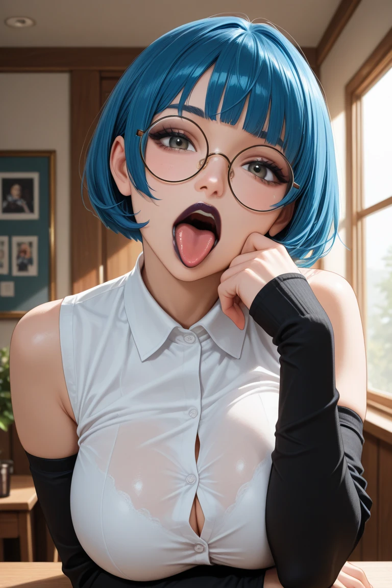 masterpiece, best quality, ultra-detailed, illustration, epic lighting, cinematic composition, isometric, 1girl, (solo:1.5), cute, blue eyes, green eyes, detailed iris, black hair, swept bangs, single sidelock, red hairclip, unbuttoned white shirt, choker, loose black necktie, black pants, formal, enchanting gaze, captivating pose, indoors, office, door, opening door, looking at viewer, peeking out upper body, blush, seductive smile, closed mouth,(8k:1.1), (ahegao:1.5)