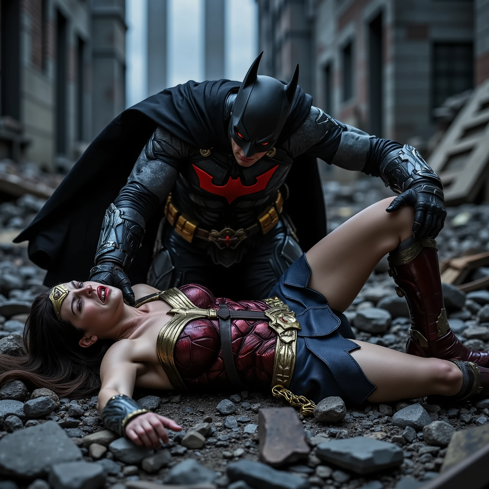 Wonder woman is laying down flat on the ruin, she is defeated from fighting, nervous, painful, eyes close, Batman is bending over her body, his eyes is red, red light on his eyes, his hand grab her neck, another hand touch her leg, whole body visible from head to feet, hyperrealism,