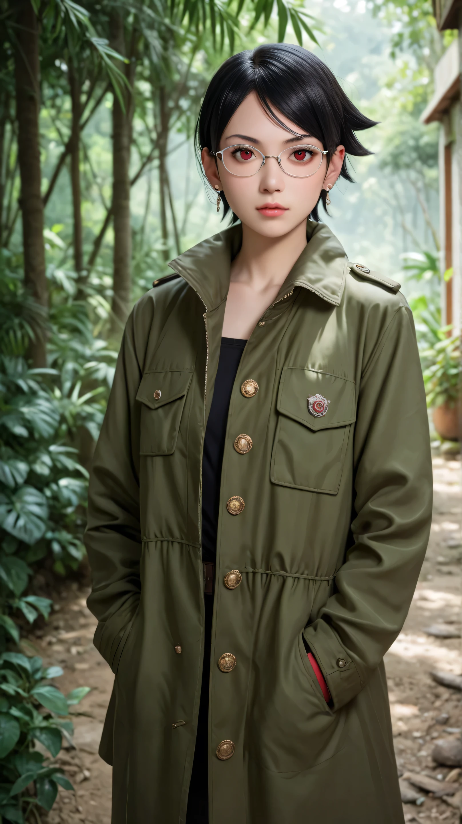 1girl, solo,sarada uchiha,red eyes,black hair,short hair,outdoors,potrait,deep jungle background,wearing glasses,coat,small breast,earings,military uniform