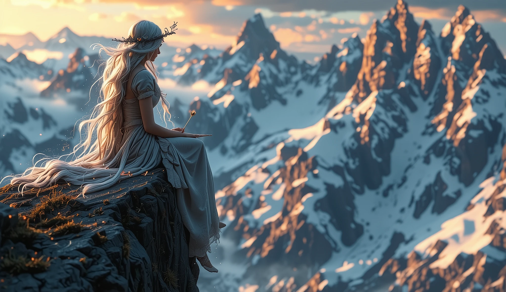 Mysterious scene depicting a silhouette with long white hair scattered, She's sitting on the edge of a rocky cliff. She's staring at something huge, {{x}}. In the background, Majestic snow-capped mountains add a transcendental atmosphere. The overall atmosphere is serene and powerful, It features vivid colors and wonder.