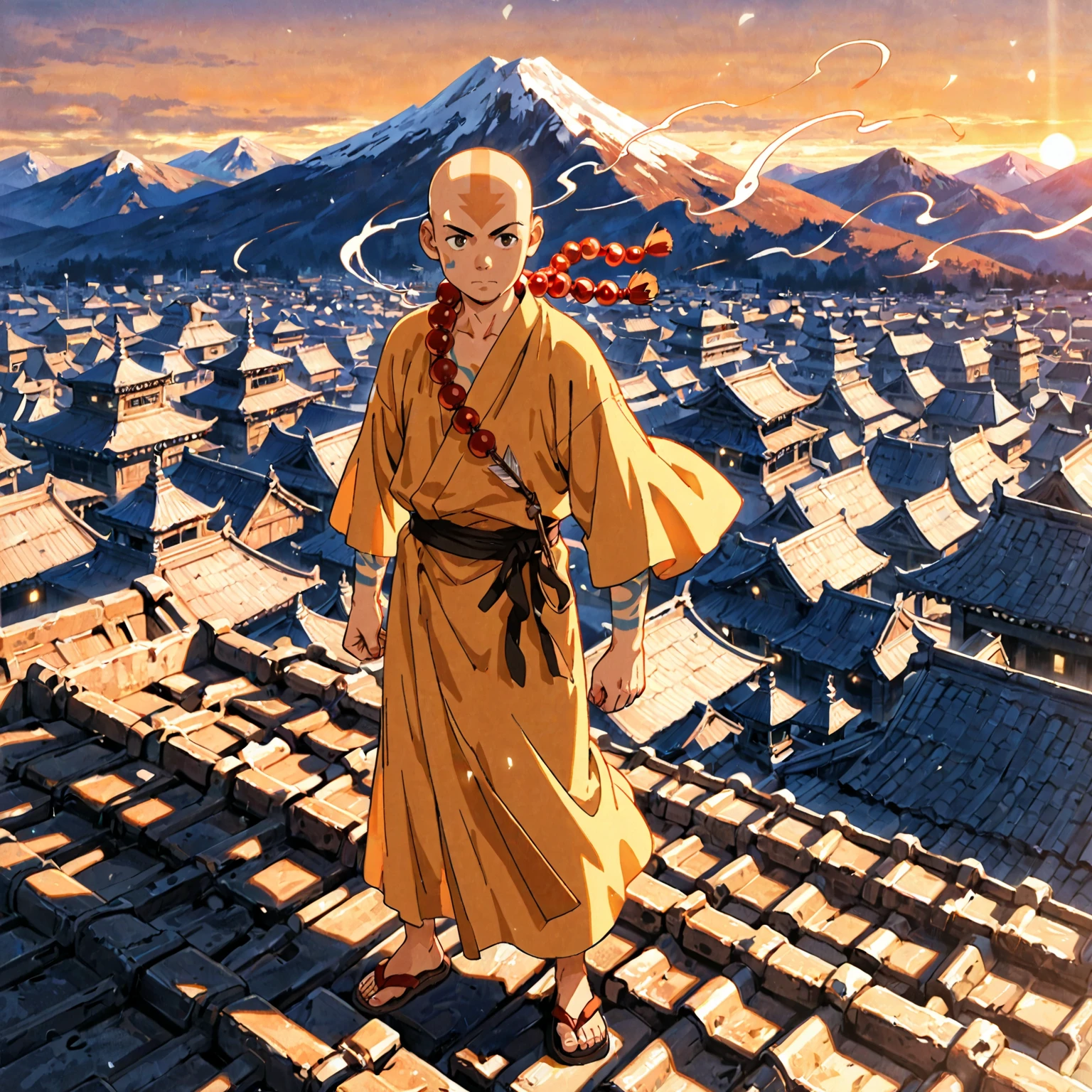 1male, solo, bald, arrow tattoos, thin frame, loose orange and yellow robes, monk beads, sandals, temple rooftop, swirling wind, mountain range sunrise,