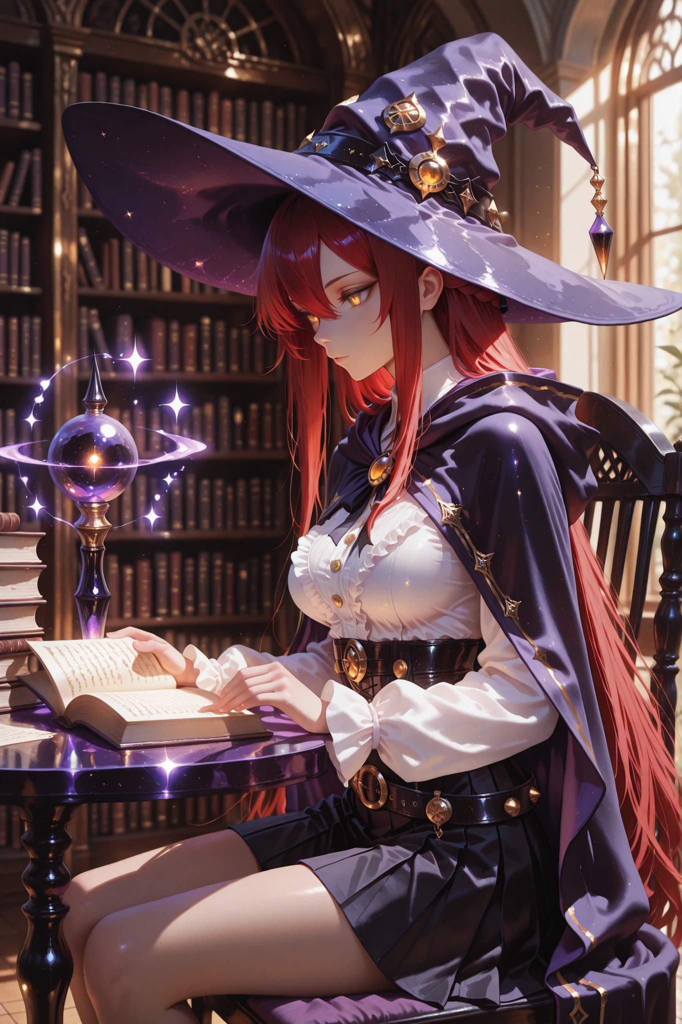 An old, large magic book with a thick, decorated cover lies open on a large table full of scrolls, magical individual pages, yellowed pages, individual letters glow in the book, individual glowing letters float out of the book, magical circles float around, old library, magical library, poems in gothic script, some of the letters glow faintly, a girl is sitting in front of the book, reading the book, sits at the table on a chair, a black and purple witch's hat, black and purple witch's cloak, white frilly blouse, black pleated skirt, rocky belt, ostrich belt, crooked belt, magic wand hangs in the belt, 1 girl , golden eyes , very long hair , long sidelocks, red hair ,half updo, petite , very cute , beautiful ,Straight hair, cool, handsome, hair between eyes, sexy, large breasts , petite, side view, masterpiece, ultra-detailed, best quality, 8k resolution, cinematic lighting, photorealistic, HDR, beautifully rendered, soft shadows, golden hour glow, shallow depth of field