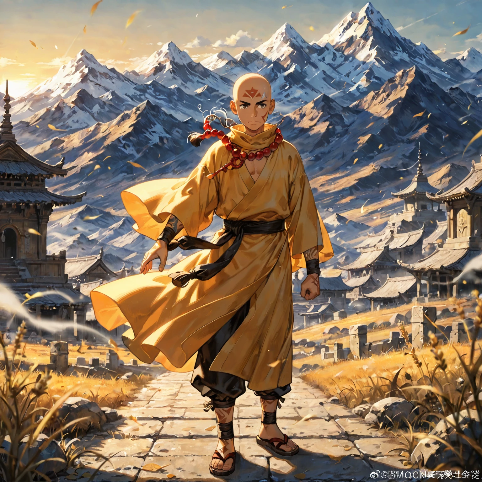 1male, solo, bald, arrow tattoos, thin frame, loose orange and yellow robes, monk beads, sandals, monastic temple, swirling wind, mountain range sunrise,