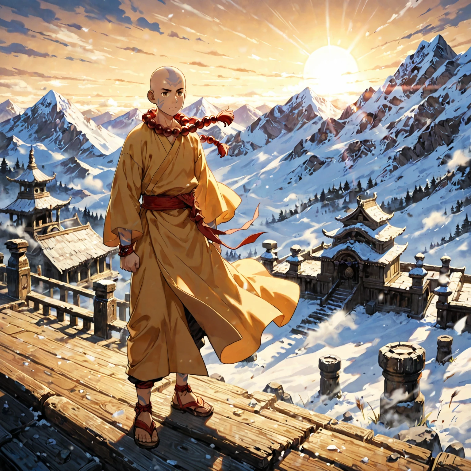 1male, solo, bald, arrow tattoos, thin frame, loose orange and yellow robes, monk beads, sandals, monastic temple, swirling wind, mountain range sunrise,