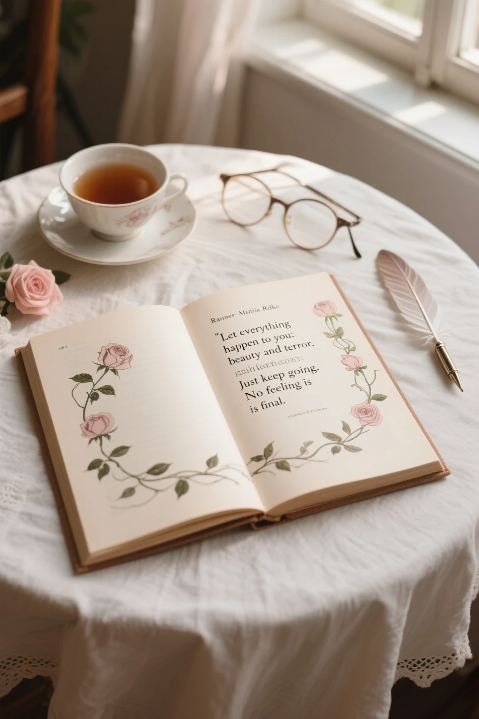 A soft, dreamy poetry book layout on an open page, placed on a linen-covered table near a window with sunlight pouring in. Elegant serif typography spells out a romantic verse by Rainer Maria Rilke in the center of the page. Around it, delicate illustrations of vines and roses curl subtly in the margins. A cup of tea, reading glasses, and a feather pen add warmth to the scene. Muted tones of ivory, blush, and warm brown. Cinematic, cozy, vintage aesthetic.Sample Poem You Can Feature:
Let’s use a line from Rainer Maria Rilke (or feel free to choose your favorite poet):

“Let everything happen to you: beauty and terror. Just keep going. No feeling is final.”

Typography tip: Use Garamond, Didot, or Playfair Display for classic elegance, with a mix of bold and light styles to emphasize rhythm.