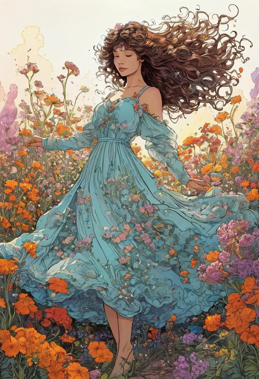 A photorealistic cute, slender aerobics instructor with very short brown hair, brown eyes, and dimples, standing confidently in a surreal natural landscape. She's wearing a flowing, elegant gown that complements her figure. The background features an impossibly vibrant meadow under a brilliant blue sky. Flowers of unearthly colors and fractal patterns bloom everywhere, their petals shifting and morphing in hypnotic ways. Giant, iridescent butterflies with kaleidoscopic wings flutter by. Trees with spiral trunks reach towards a sun that seems to pulse with rainbow colors. Clouds take on impossible geometric shapes, morphing and dissolving. The air is filled with shimmering, colorful particles that seem to respond to thought. Vibrant colors include electric blues, neon pinks, luminous greens, and radiant golds, all more vivid than seems possible. The lighting is intense and dreamlike, as if reality itself is overexposed, casting no shadows. Broad strokes of bright, contrasting colors sweep across the sky, creating mesmerizing patterns - vibrant oranges, electric purples, and pulsating teals dance and swirl overhead.