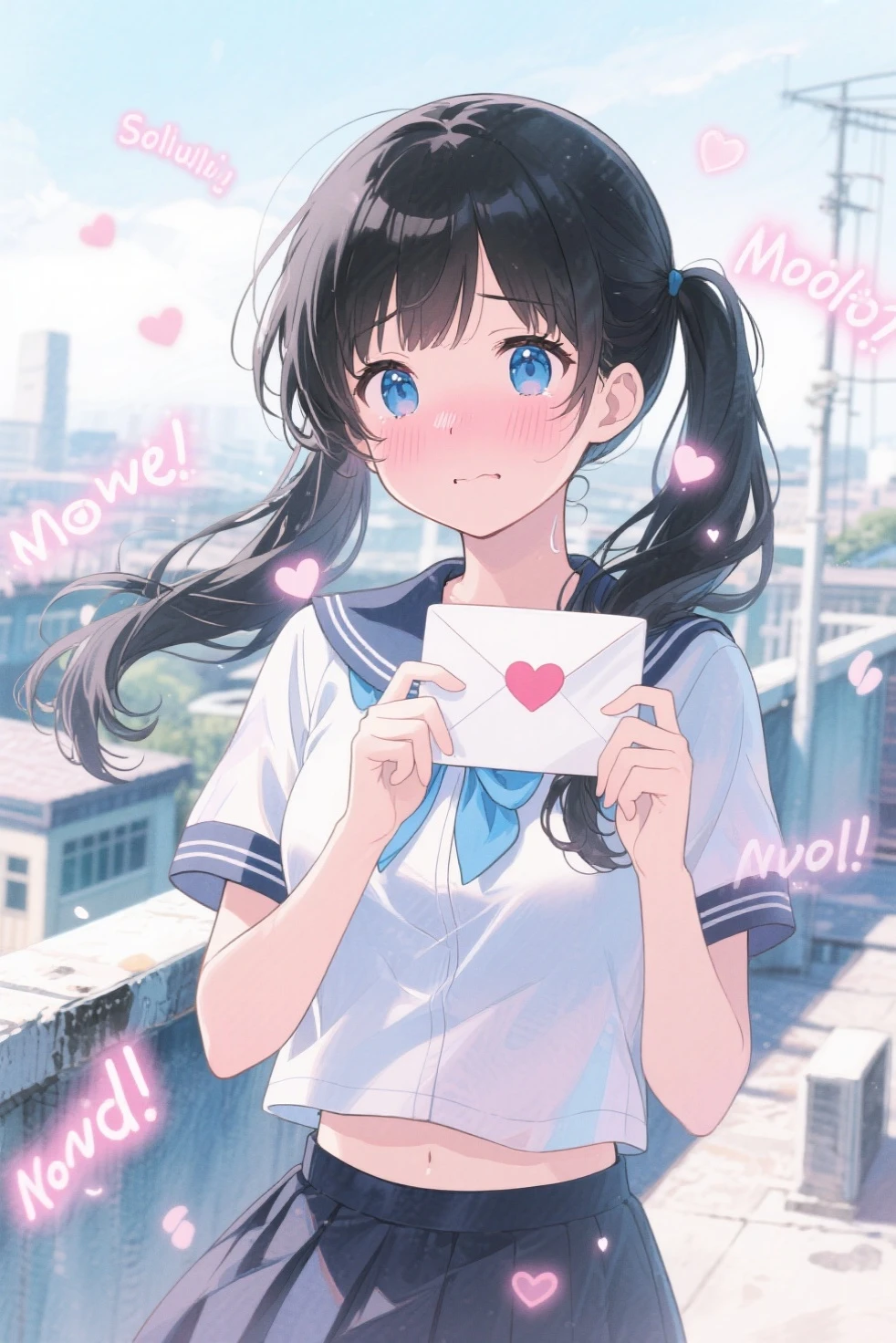 masterpiece, best quality, BREAK 1girl, standing, heart hands, blush BREAK, cute, kawaii, 18 yo, (Blue eyes:1.1), medium breasts, swept bangs,twin tails, black scrunchie, (black hair:1.3), sensitive facial expression, smile, kind eyes stare into the distance BREAK, (white collared shirt:1.2), (shirt tucked in:1.2), sleeves rolled up, collarbone, (pleated skirt, black skirt), navy kneehighs, BREAK, classroom tights