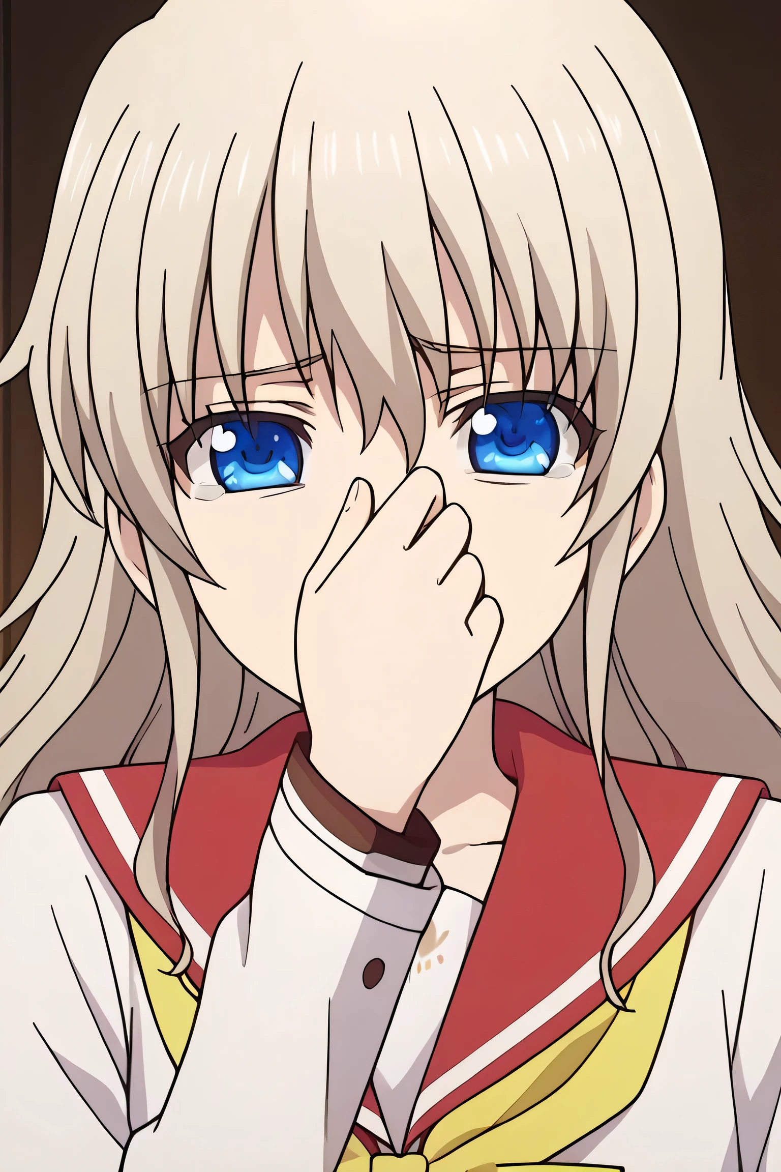 1girl, solo, best quality, masterpiece,   nao tomori, , serafuku, sailor collar, hair between eyes, anime style, anime color, 2D,sad nernous resigned expression,covering nose