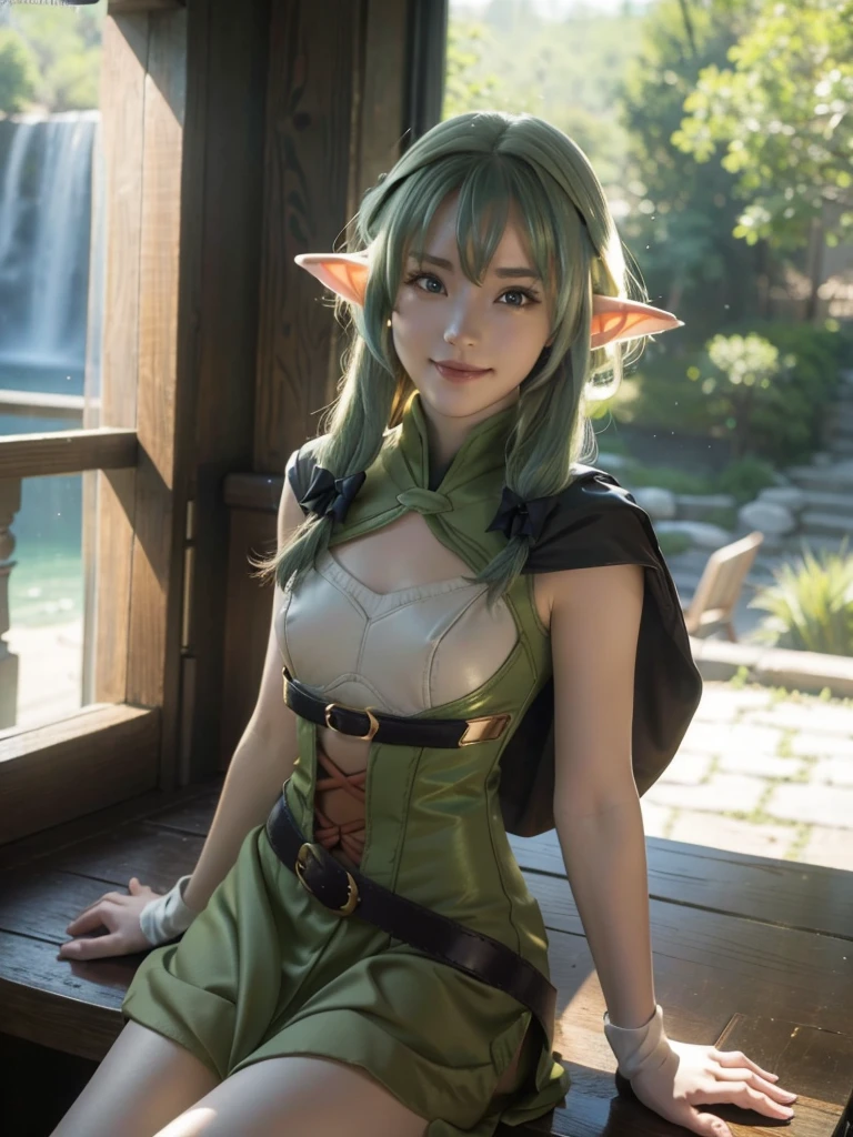 Elf type, girl, elements of earth, green hair with leave and flower, skin textured like wood, stone coming out of her skins, green eyes, power of leaves and rocks, look like a spirit.