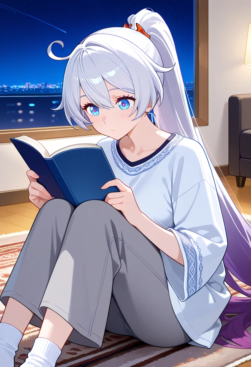 core_9 , score_8_up , Score_7_up , Best quality , Very autistic , 1 girl , solo , girl , Muslim, Kiana, Kiana Kaslana , white hair , very long hair , purple hair , ponytail , blue eyes , star-shaped pupils , symbol-shaped pupil, perfect face , perfect eyes , clear eyes , beautiful eyes , blue eyes , focus eyes, clean eyes with detail, uplight, Feminine, Smile, Nighttime, living room, Rug, sitting, sitting at Rug, She wear a long white cotton tunic with soft embroidery along the sleeves, Grey wide legged Pants, Thick white Socks, Holding a book with both hands, Reading a Book.