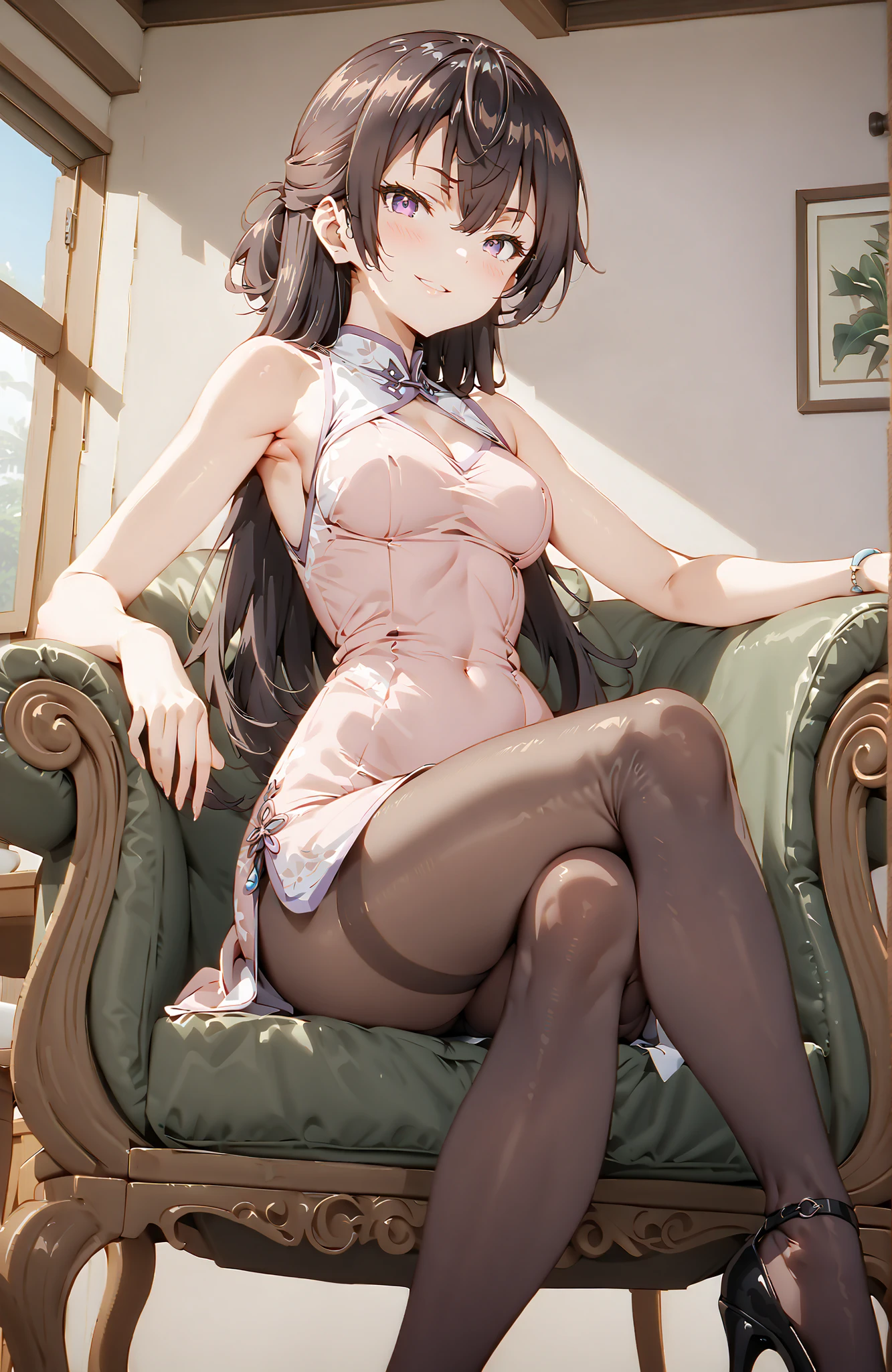 score_9, score_8_up, score_7_up, source_anime, yuki suou, solo,long hair, bungs, brown hair, black hair, o, Medium breast,Purple Eyes, half updo,Purple Chinese Dress,sleeveless at the beach,Side Long Slit,pin heels,pantyhose on pool background,Seated in a Gorgeous Chair,Crossed Legs,smile,blush,grinning,angle from below,full bodyがイラストに入るように,China,in their 40s indoors,living room,
in their 40s looking at viewer,full body,
in their 40s (masterpiece:1.2),Highest Quality ,Kampala,unity 8k 壁紙,(shape:0.8),( fine and beautiful eyes :1.6),It's a person ,full body写真,CG Details , (perfect hand in h,complete anatomy),
