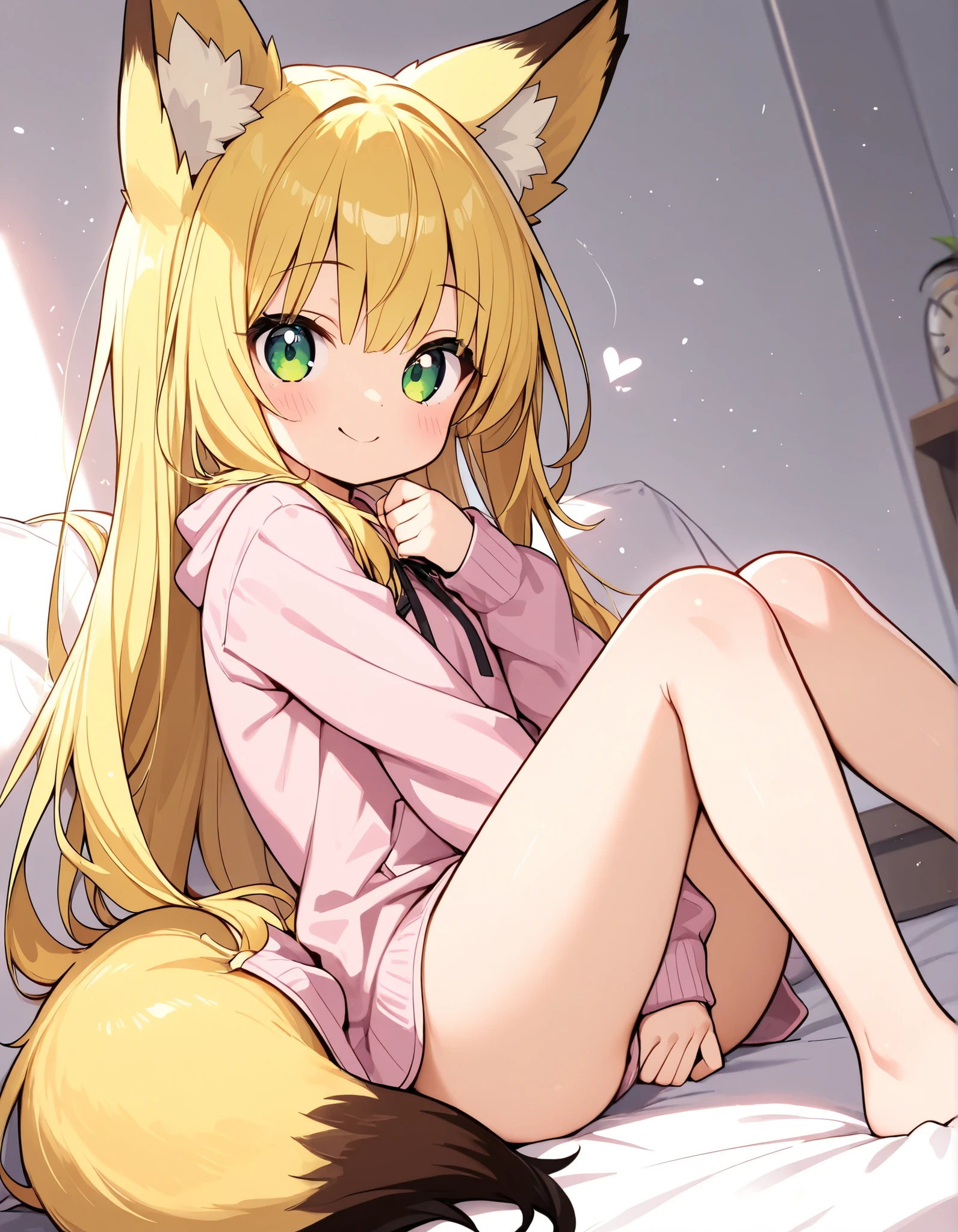 one girl, fox ears,fox tail,yellow long hair,cute,masterpiece,Highest Quality,best smiles,