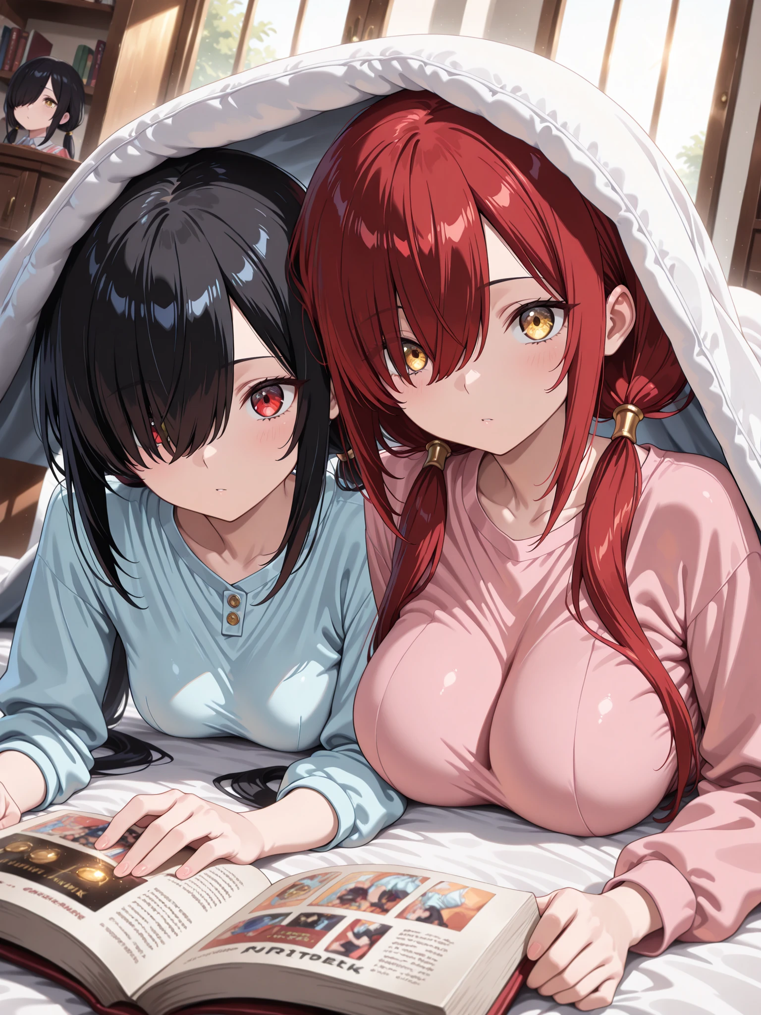 2 girl, posing for a picture on bed, hugging each other, boob touching, hand on breast, (red hair), blushed face, battle knight suit, breast plate, long skirt, big breast, pixiv, anime girls, seductive smile, (beautiful detailed eyes:1.6), extremely detailed face, perfect lighting, extremely detailed anime illustration, (perfect hands, perfect anatomy),