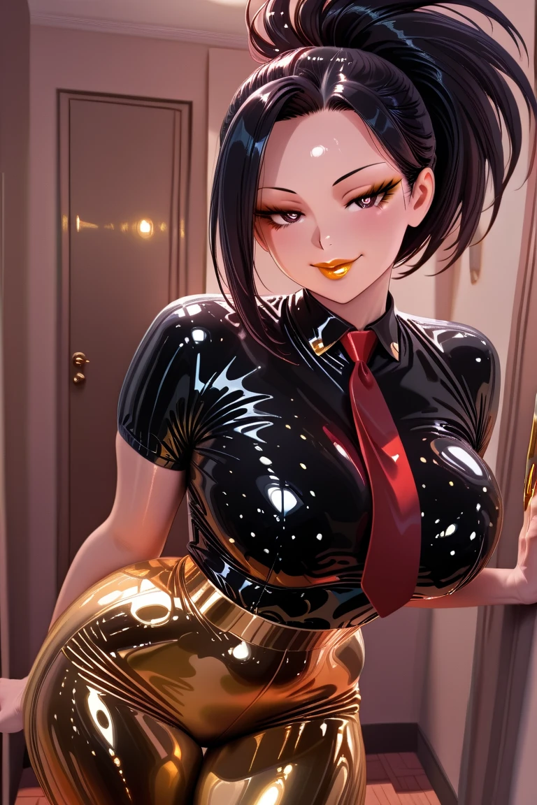 Beautiful woman with short straight black hair with green eyes wearing a Tight Mock Neck Cut Out Dress, Red Sexy Criss Cross Mock Neck Dress With Short Sleeves, luxurious jewelry and luxurious necklace, rimless glasses, high heel shoes, standing in her office room at night, carrying a luxurious wallet, (caucasian skin), (light brown lipstick), (elegant mascara), (slim body with abs), (small breasts), (wide hips), midjourney, <lora:GoodHands-, <lora:GoodLegs-, UHD, high resolution, (masterpiece:1.9, best quality), (expressive eyes, perfect face, full body, expressive face, perfect body, perfect pussy, athletic, fit, slim body, blushing, Perfect makeup, eyeliner, beautiful eyelashes, smiling, horny face), ((best illumination, best shadows)), ((sexy pose))