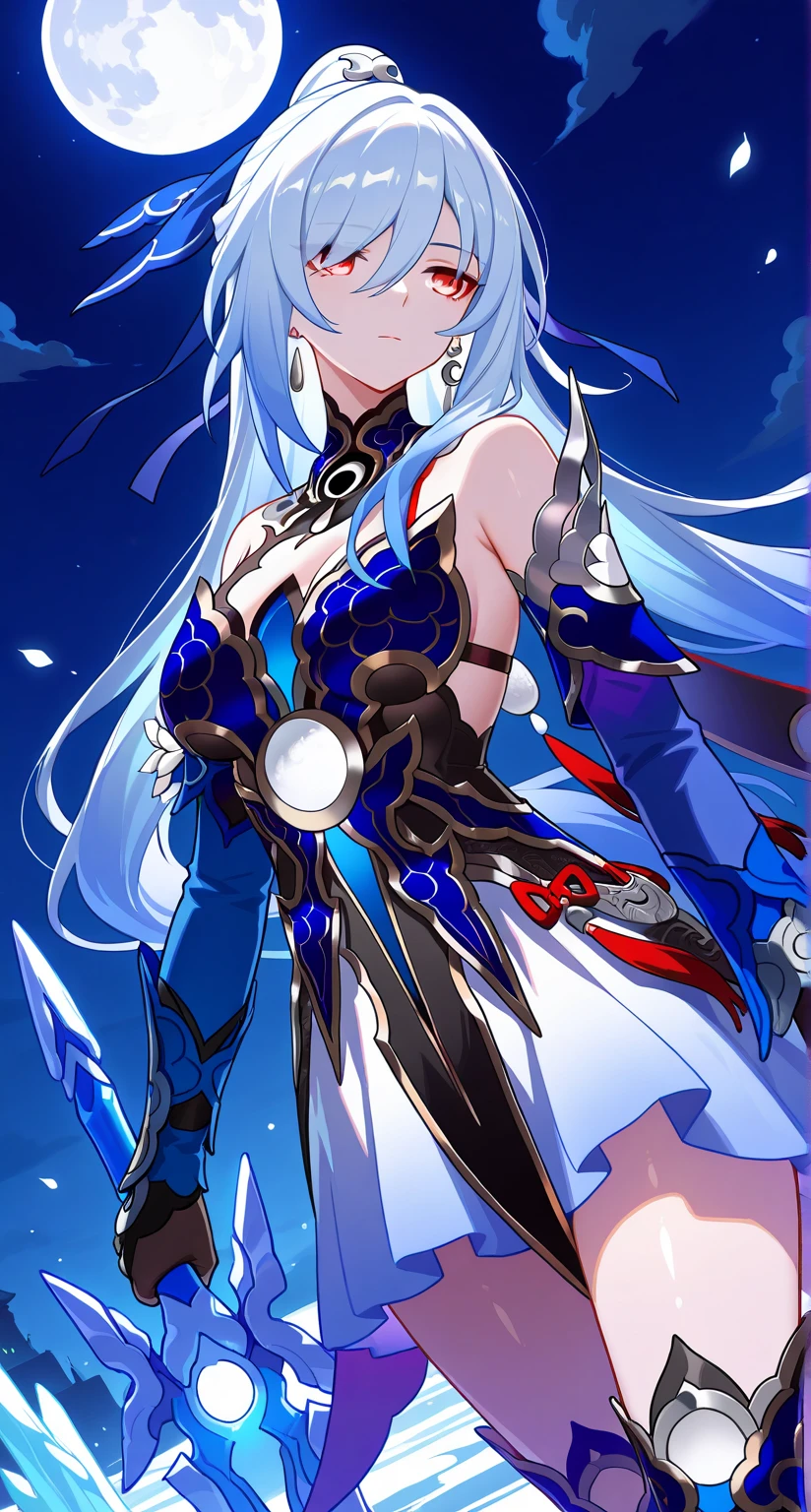 masterpiece,best quality,highres,ultra-detailed,Jingliu,alternate color,masterpiece,detailed illustration,lifelike,face,Jingliu（Honkai: Star Rail）,shiny beautiful woman,moon light lighting,dynamic angle,1girl,red eyes,dark sky,dark,night,dark night,darknight sky,full moon,whiteglowing ice saber (weapon),expressionless,holding sword,face focus,from side