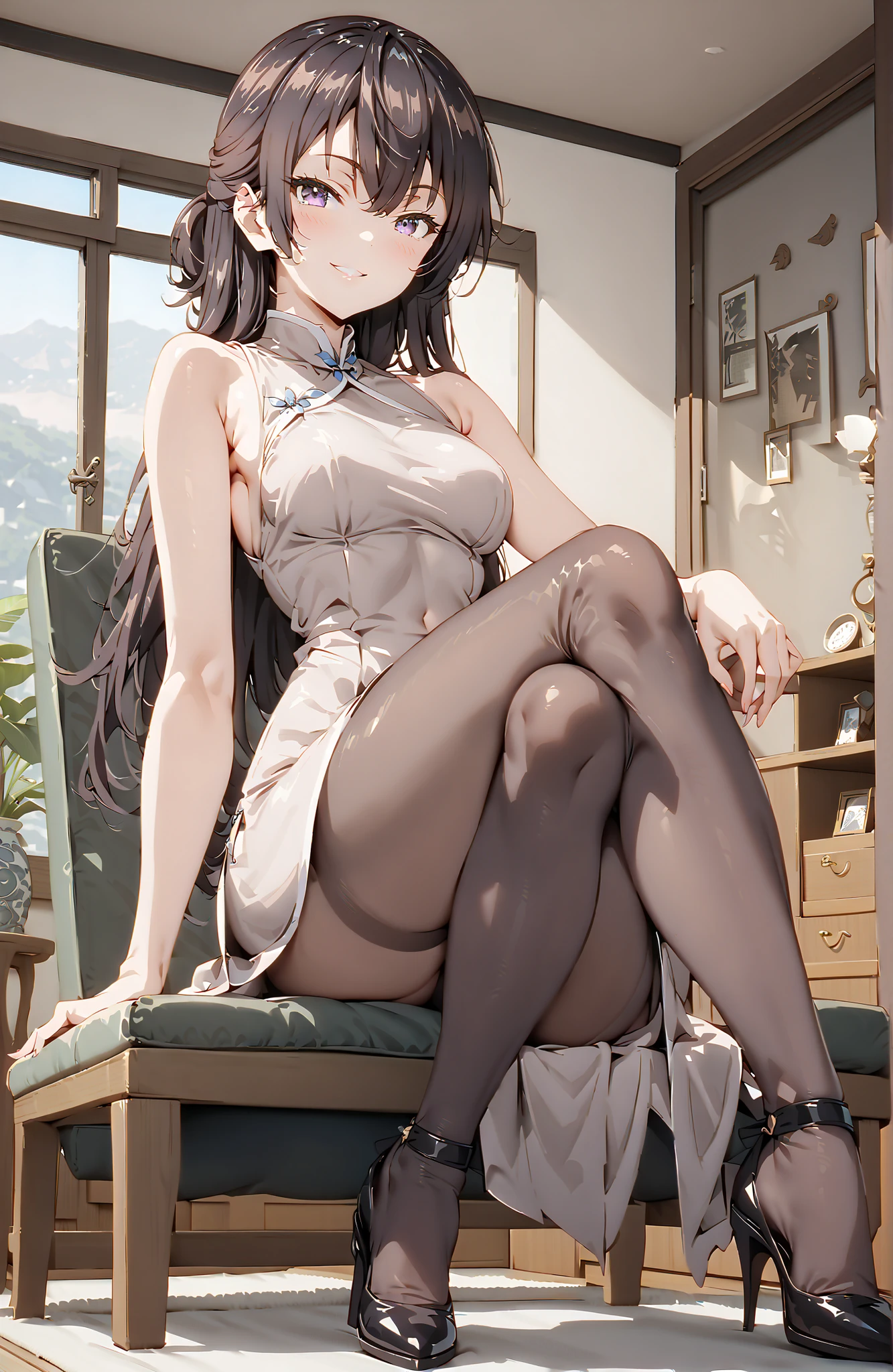 score_9, score_8_up, score_7_up, source_anime,  yuki suou, solo,long hair, bungs, brown hair, black hair,  o, Medium breast,Purple Eyes, half updo,Purple Chinese Dress,sleeveless at the beach,Side Long Slit,pin heels,pantyhose on pool background,Seated in a Gorgeous Chair,Crossed Legs,smile,blush,grinning,angle from below,full bodyがイラストに入るように,China,in their 40s indoors,living room,
in their 40s looking at viewer,full body,
in their 40s (masterpiece:1.2),Highest Quality ,Kampala,unity 8k 壁紙,(shape:0.8),( fine and beautiful eyes :1.6),It's a person ,full body写真,CG Details , (perfect hand in h,complete anatomy),