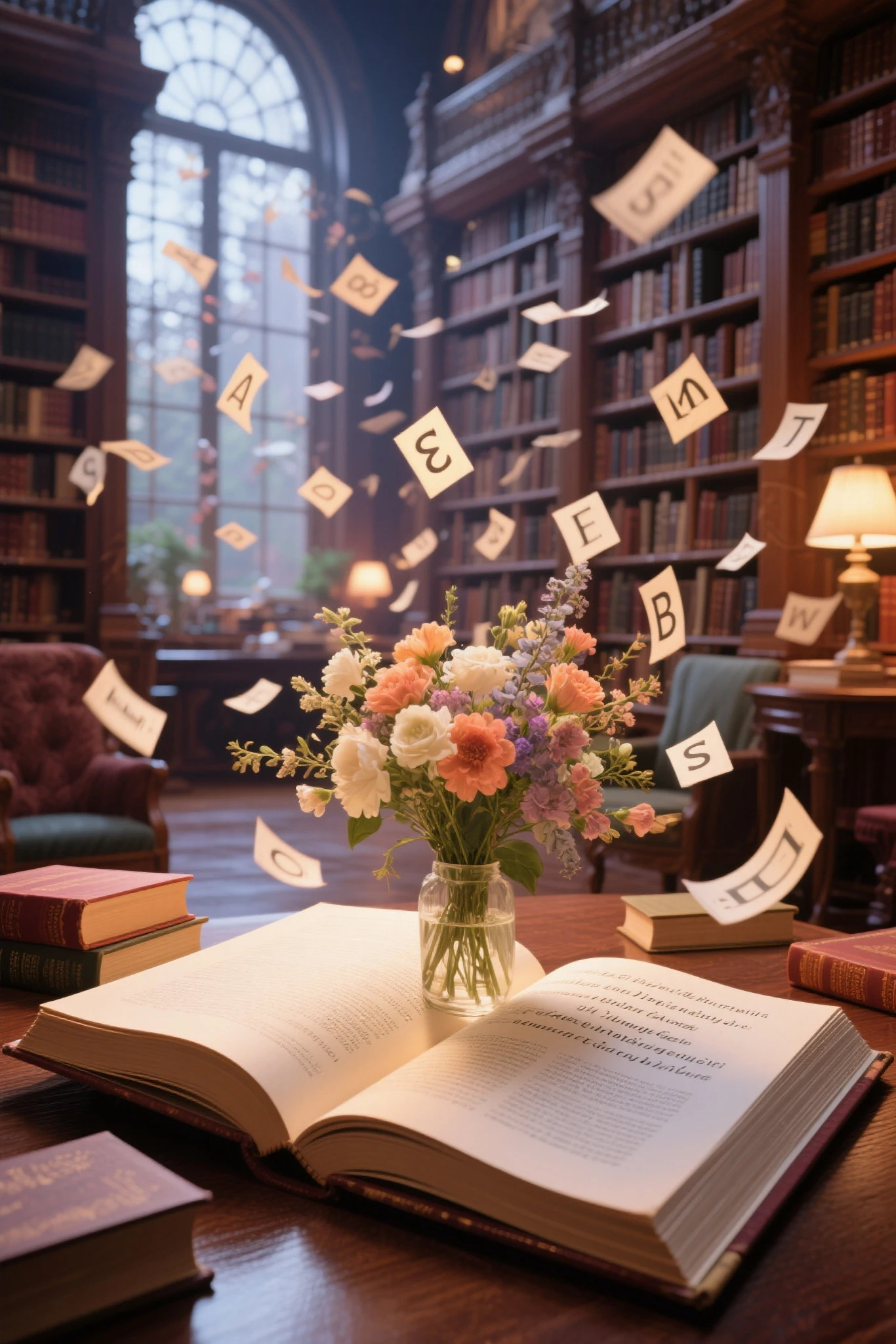 high quality,8K,Realistic,Professional Level,Extreme Details,Lifelike rendering,HDR,STUDIO LIGHTING,extremely detailed picture,sharp focus,vivid colors,Large library library with bouquet effect,Reading a large collection of poems,Fantastic scene where the letters of the poetry collection dance,Comfortable Atmosphere,warm lighting,Deep color,Exquisite texture description,Dreamy and poetic digital art