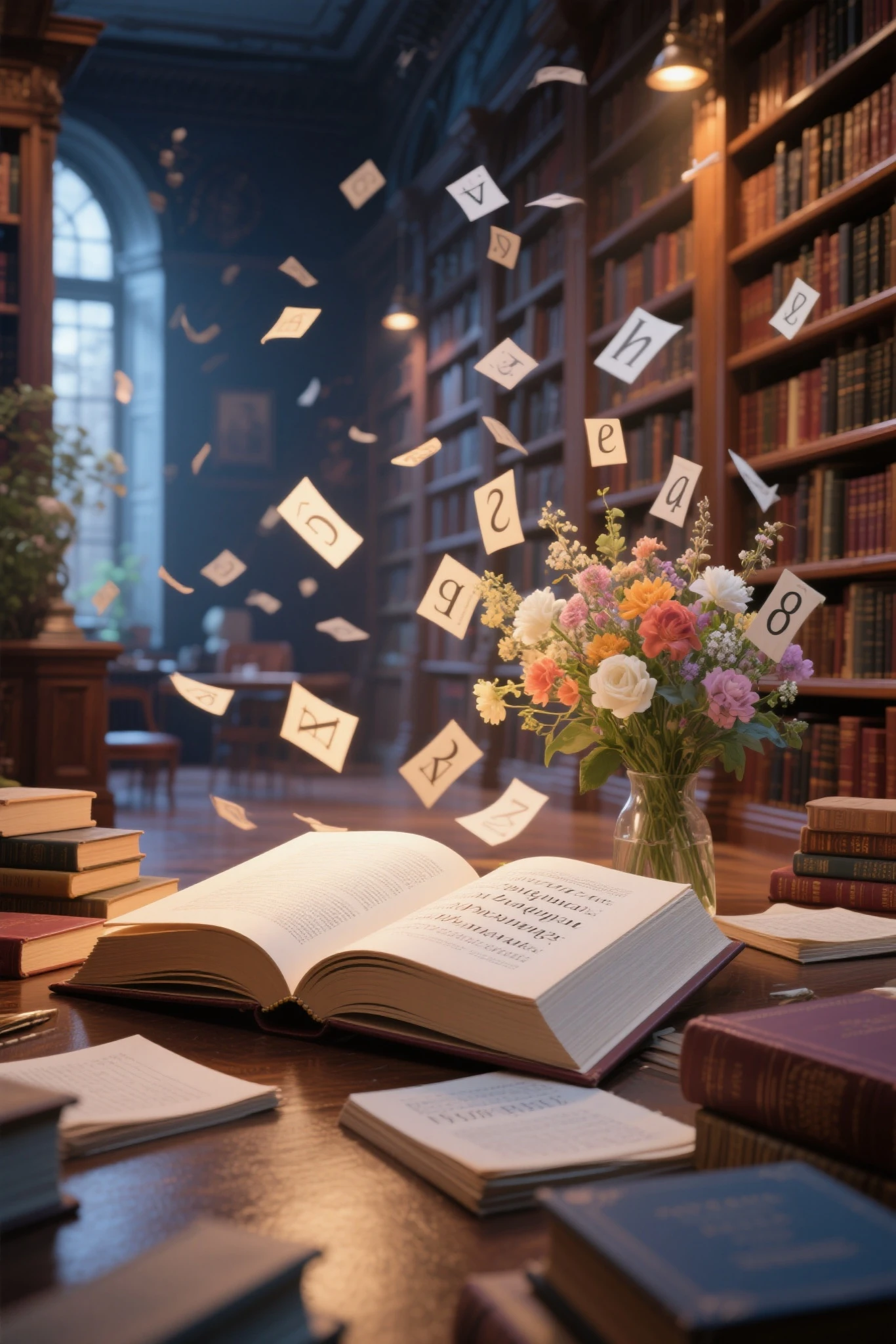 high quality,8K,Realistic,Professional Level,Extreme Details,Lifelike rendering,HDR,STUDIO LIGHTING,extremely detailed picture,sharp focus,vivid colors,Large library library with bouquet effect,Reading a large collection of poems,Fantastic scene where the letters of the poetry collection dance,Comfortable Atmosphere,warm lighting,Deep color,Exquisite texture description,Dreamy and poetic digital art