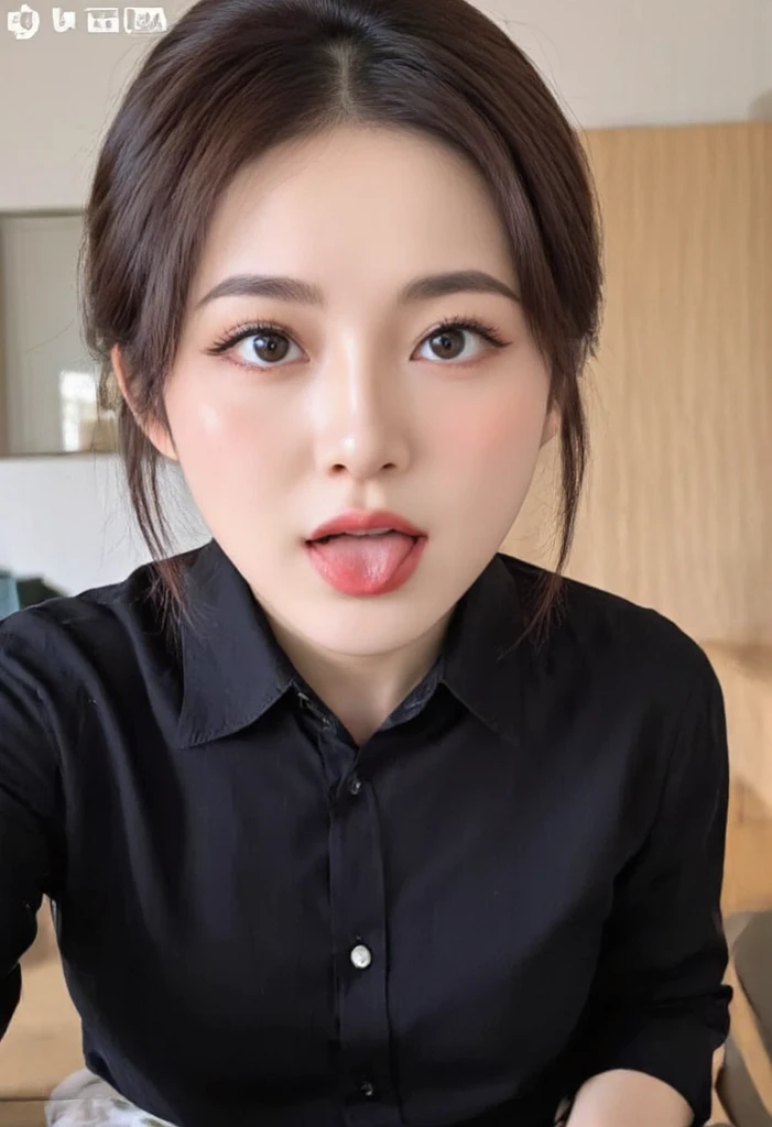 ((Best Quality, 8K, Masterpiece: 1.3)), perfect Indonesian e-girl streamer make-up, plain thick black long sleeved t-shirt that emphasize perfect lined cleavage, cleavage line is slightly exposed, wide round-shaped cleavage line on her upper chest, amazing breast enhancement, refresh, hard blush make up: 1.5, perfect long strong thick winged eyeliner, perfect winged eyeliner, perfect soft cleavage, eagerly desires your cum on her breasts, tongue out, perfect , chubby chin, baby face, beautiful eyes detail, upper body composition, perfect full red lips, lively face, lustful look, perfect squeezed breast cleavage line, rounded cleavage line, feeling exceptionally raw and seduced, perfection, perfect mascara, skin detail, she absolutely fucking loves the cum on her breasts, she absolutely fucking loves showing her cleavage to you, refined eyelashes, refined eyeliner, perfect composition, she craves you strongly, looking at you, leaning very forward, white highlight in eyes , begging, nsfw: 1.3, tongue out: 1.3, she's like "mhm you like my amazing breasts?”, extremely excited to see you orgasm, perfect soft natural like breast that gives a clear perfect soft cleavage, long eye lashes: 1.3, beautifully and perfect eye, she is feeling the rawness and cum on her cleavage, beautiful, dazzling brown eyes: 1.3, at the verge of climax, ahegao, camera frames in face and cleavage, thick eye brows, detailed close up zoom on face, ahegao eyes staring at you: 1.3, super happy, reveal nsfw