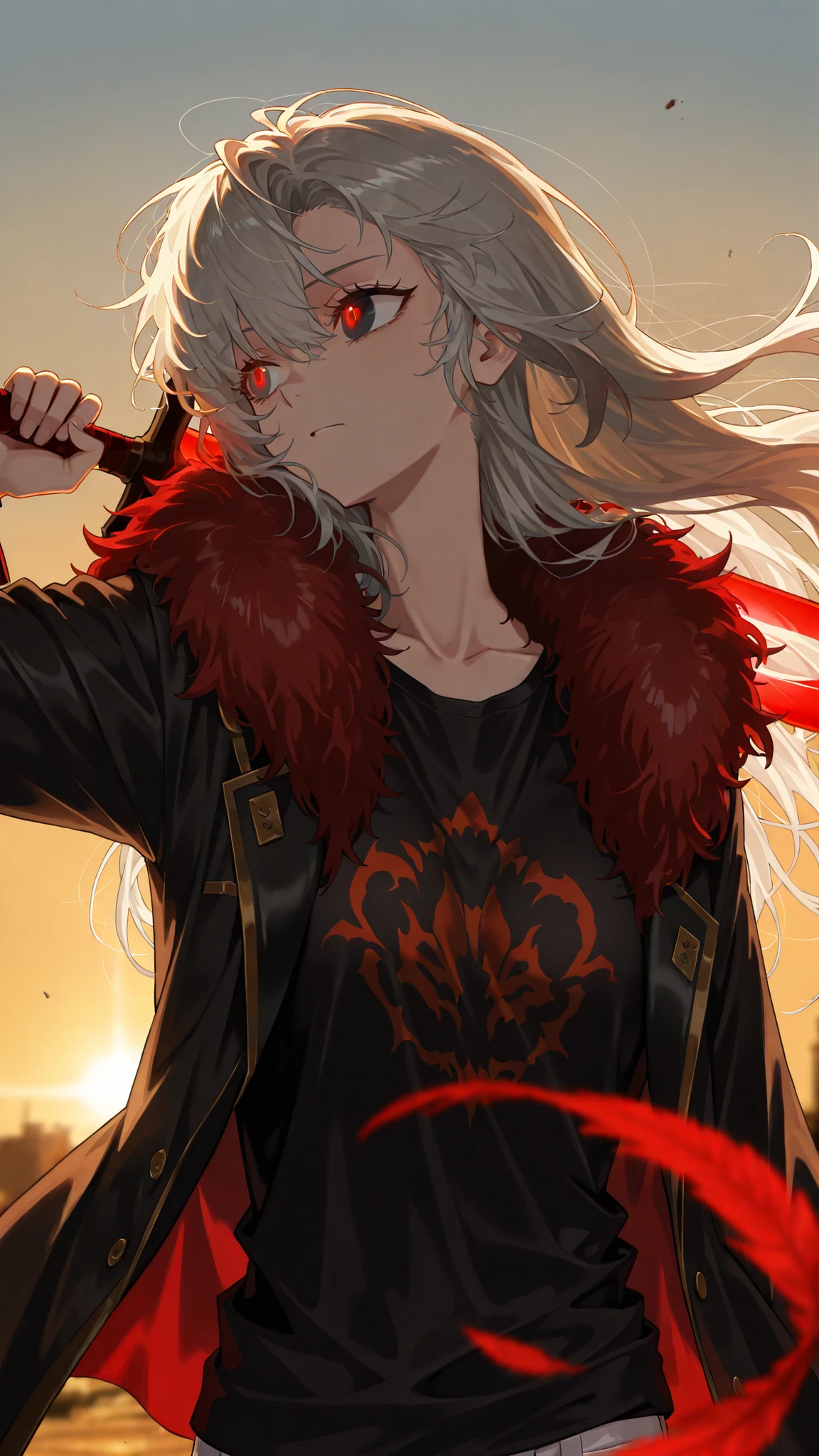 by [arknights|(748cmstyle:0.5)], god rays, cinematic shot, mature, young adult, masterpiece, best quality, amazing quality, very aesthetic, high resolution, ultra-detailed, absurdres,
1girl, solo, alone,(dynamic pose, side eye, looking over her shoulder, looking to the side, upper body focus, action shot, three quarter view, close up, medium shot:1.2), DonQuixoteLimbus , DonManager , vampire , red feather boa, open jacket, glowing eyes, white gray hair, gray hair, black eyes, sunset, evening light, backlit, black t-shirt, cute, happy eyes, oversized sleeves,  wielding long sword, BREAK, depth of field, volumetric lighting 
 