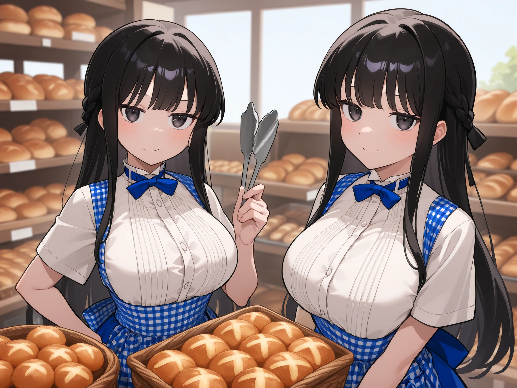 (((((Japanese、long black hair、ポニーテール)))))、braids、tank top、panties,masterpiece,Highest Quality , newest , safe, beautiful woman ,(((隠れオナニー、自慰行為))),( kobeya uniform , blue skirt , blue neckwear , gingham apron , Bakery , ),