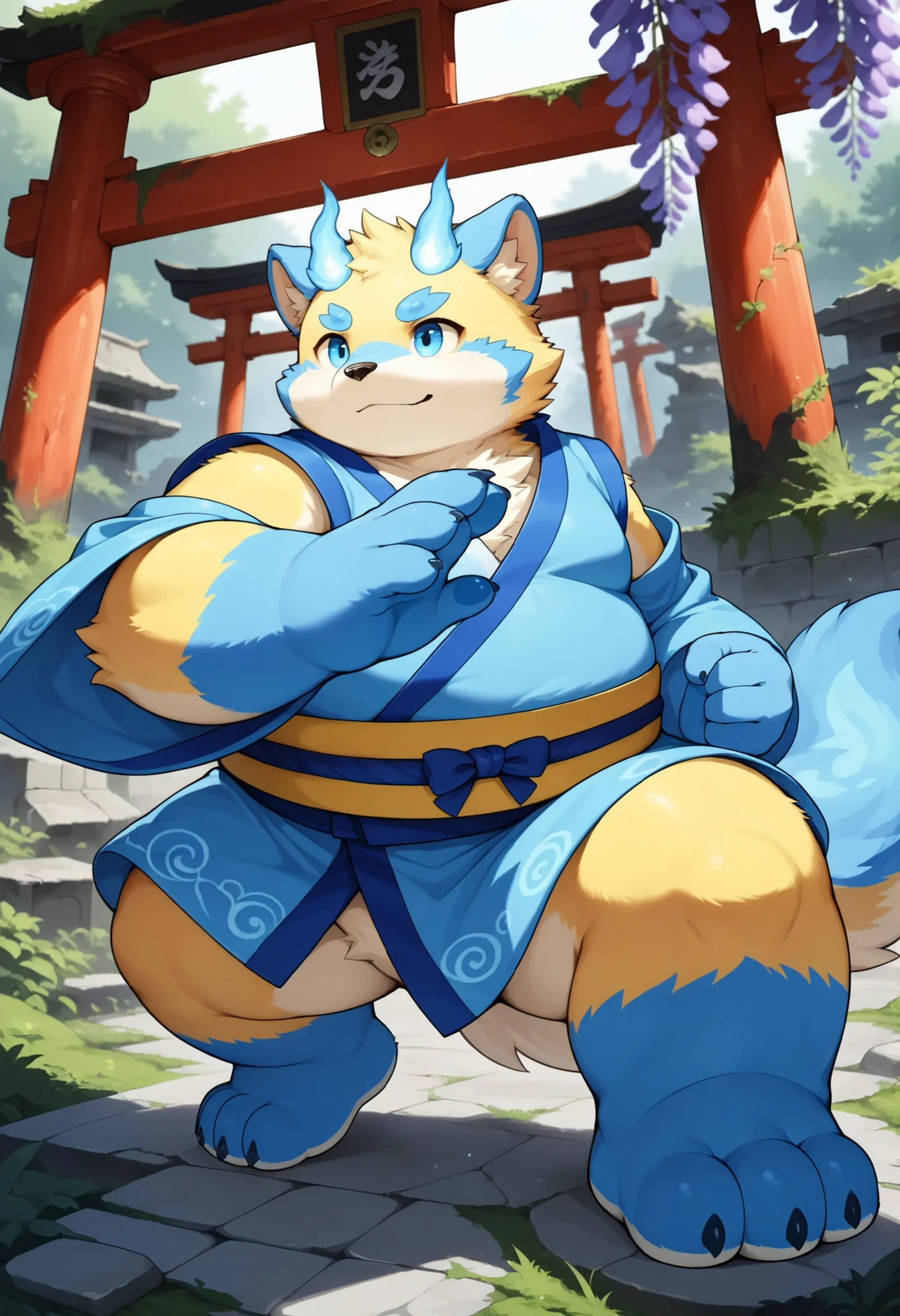 A fanqiuhu in a kimono at a ancient psionic shrine, (Psionic magical energy:1.2) flowing between shrine and figure, ,(battle-ready:1.2),(powerful stance:1.3), Stone wheel torii overgrown shrine wisteria and (futuristic ruins:1.2),furry,botailang,solo,blue eyes,blue hand ,blue foot,overweight