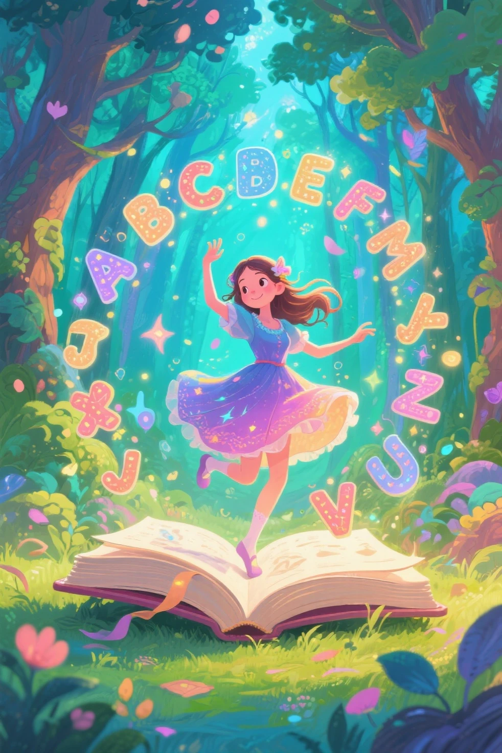 best quality、in the Bright Forest、A  is dancing、a magic book dances around the girl、the alphabet pops out of the dancing book and they dance with the girl