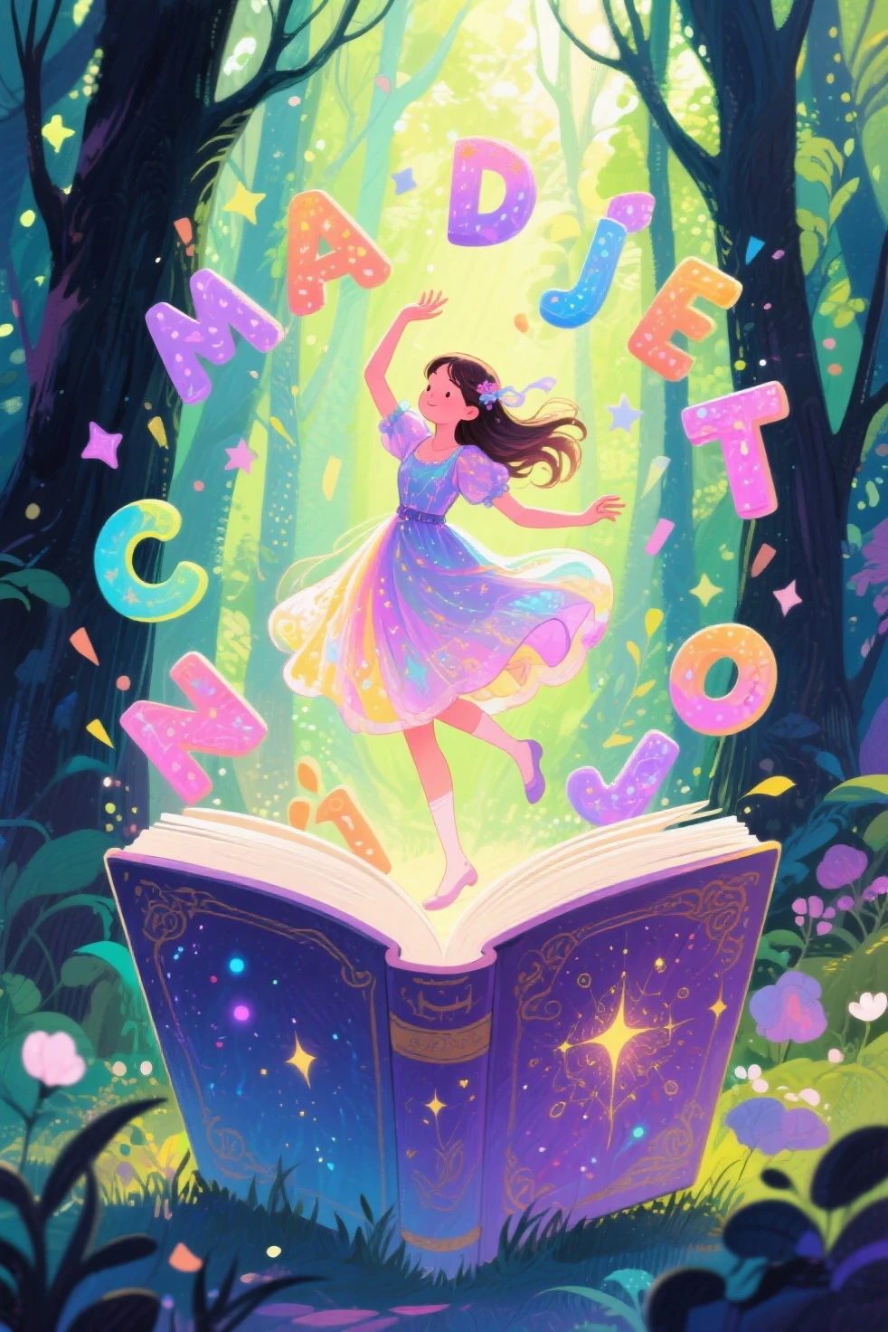 best quality、in the Bright Forest、A  is dancing、a magic book dances around the girl、the alphabet pops out of the dancing book and they dance with the girl