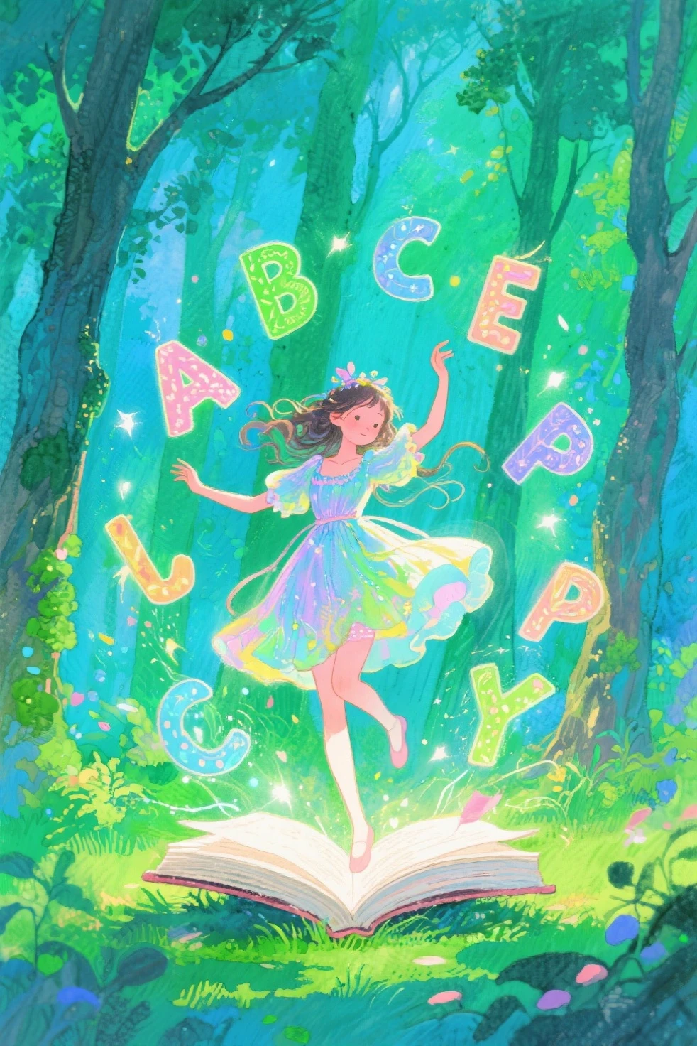 best quality、in the Bright Forest、A  is dancing、a magic book dances around the girl、the alphabet pops out of the dancing book and they dance with the girl