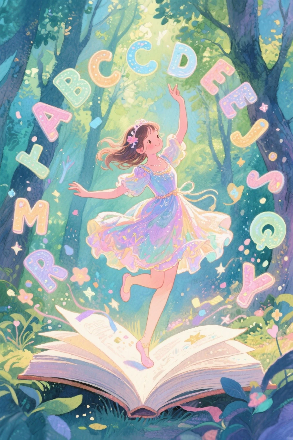 best quality、in the Bright Forest、A  is dancing、a magic book dances around the girl、the alphabet pops out of the dancing book and they dance with the girl
