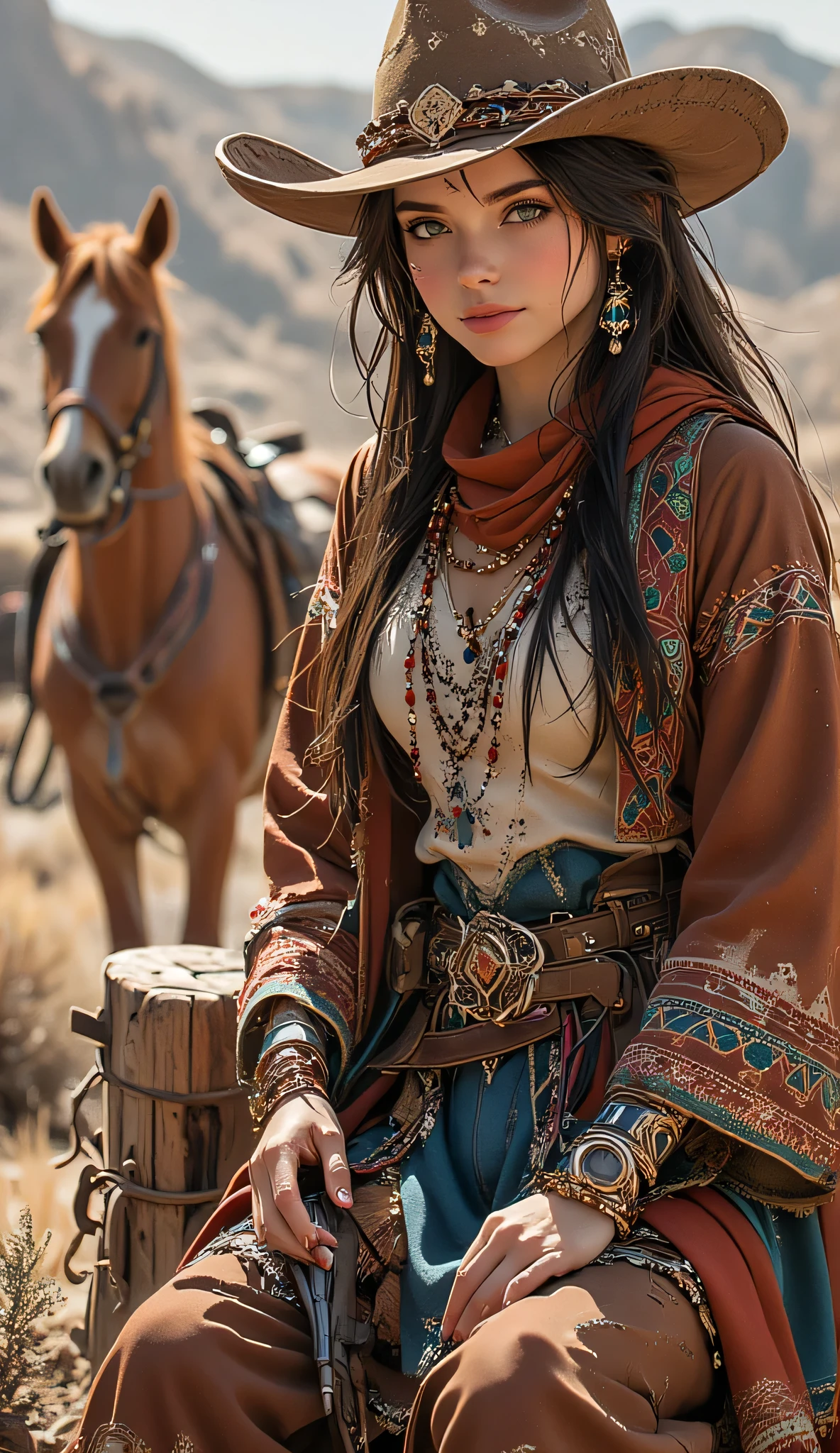 one female, ((Highest quality)), ((masterpiece)), (detailed), ((very detailed face)), High resolution photograph, ((full body portrait)), slim face, pretty woman, (Dark brown long hair), blue eyes, detail eyes, double eyelids, (Beautiful Delicate Eyes and Lips), Good light, (A female Gunfighter in her 30s wearing a cowboy hat and cowboy boots,She wears a gun belt with a Colt Single Action Army revolver on her hip), A scene reminiscent of a movie from the Wild West in the American wilderness, She is wearing a Western-style red-brown Mexican poncho, (She is riding a horse through the wilderness kicking up dust), (realistic chestnut horse:1.3), (her long hair is blowing in the wind), (((Take a photo so that the horse's face is visible))), A cinematic wild west scene,