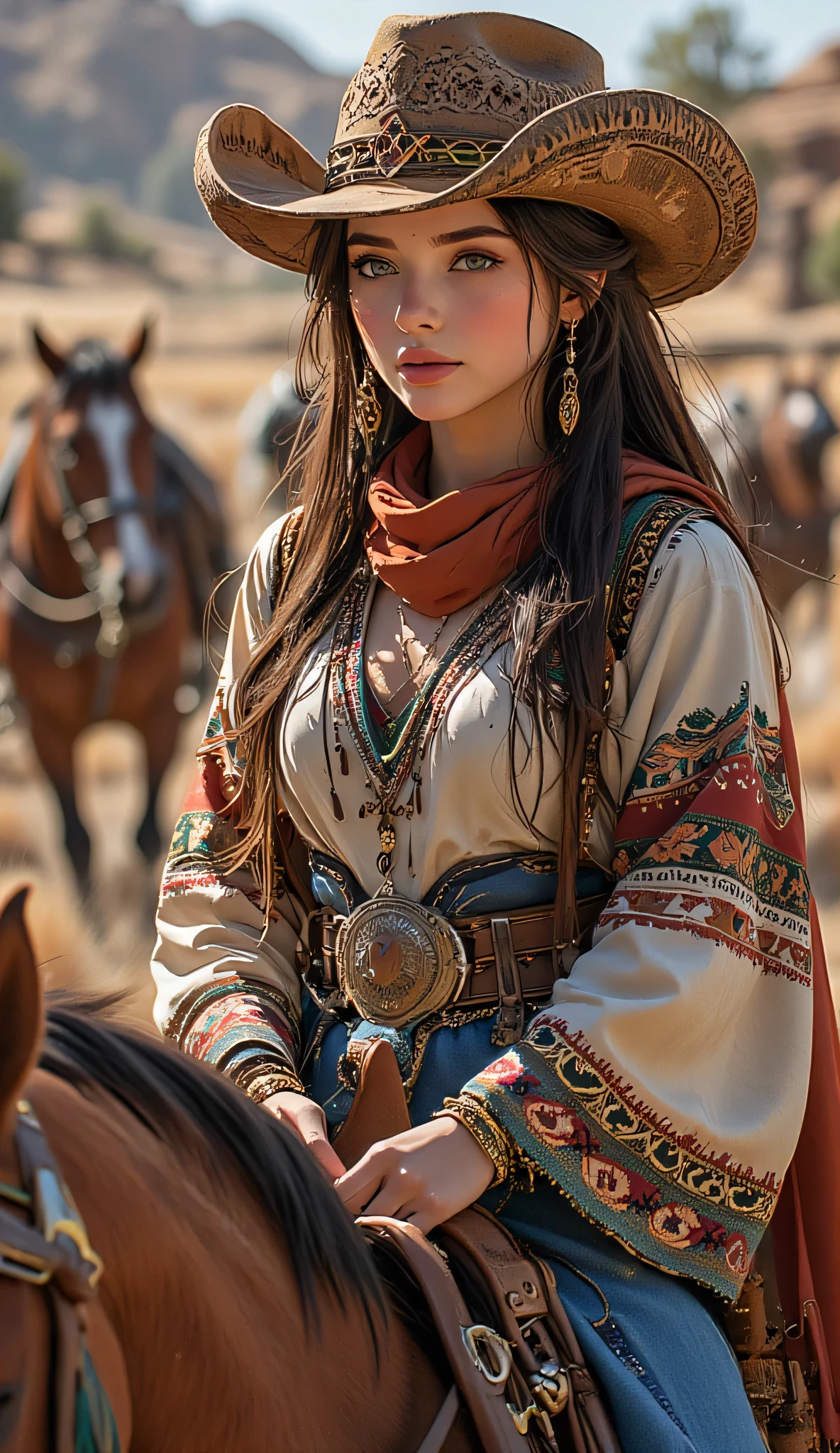 one female, ((Highest quality)), ((masterpiece)), (detailed), ((very detailed face)), High resolution photograph, ((full body portrait)), slim face, pretty woman, (Dark brown long hair), blue eyes, detail eyes, double eyelids, (Beautiful Delicate Eyes and Lips), Good light, (A female Gunfighter in her 30s wearing a cowboy hat and cowboy boots,She wears a gun belt with a Colt Single Action Army revolver on her hip), A scene reminiscent of a movie from the Wild West in the American wilderness, She is wearing a Western-style red-brown Mexican poncho, (She is riding a horse through the wilderness kicking up dust), (realistic chestnut horse:1.3), (her long hair is blowing in the wind), (((Take a photo so that the horse's face is visible))), A cinematic wild west scene,