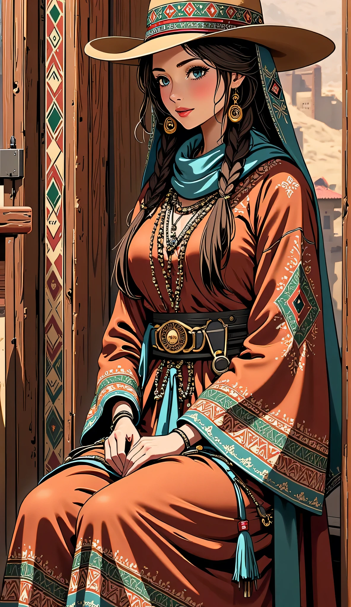 one female, ((Highest quality)), ((masterpiece)), (detailed), ((very detailed face)), High resolution photograph, ((full body portrait)), slim face, pretty woman, (Dark brown long hair), blue eyes, detail eyes, double eyelids, (Beautiful Delicate Eyes and Lips), Good light, (A female Gunfighter in her 30s wearing a cowboy hat and cowboy boots,She wears a gun belt with a Colt Single Action Army revolver on her hip), A scene reminiscent of a movie from the Wild West in the American wilderness, She is wearing a Western-style red-brown Mexican poncho, (She is riding a horse through the wilderness kicking up dust), (realistic chestnut horse:1.3), (her long hair is blowing in the wind), (((Take a photo so that the horse's face is visible))), A cinematic wild west scene,
