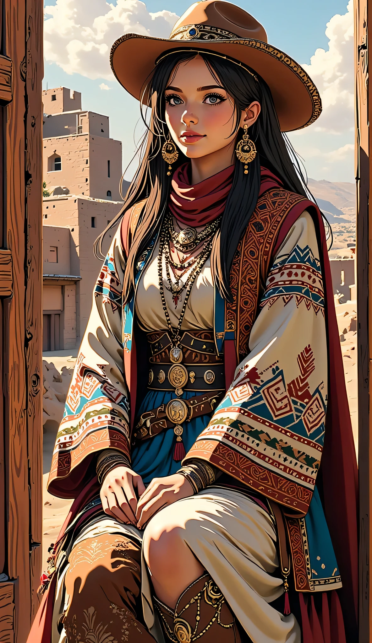 one female, ((Highest quality)), ((masterpiece)), (detailed), ((very detailed face)), High resolution photograph, ((full body portrait)), slim face, pretty woman, (Dark brown long hair), blue eyes, detail eyes, double eyelids, (Beautiful Delicate Eyes and Lips), Good light, (A female Gunfighter in her 30s wearing a cowboy hat and cowboy boots,She wears a gun belt with a Colt Single Action Army revolver on her hip), A scene reminiscent of a movie from the Wild West in the American wilderness, She is wearing a Western-style red-brown Mexican poncho, (She is riding a horse through the wilderness kicking up dust), (realistic chestnut horse:1.3), (her long hair is blowing in the wind), (((Take a photo so that the horse's face is visible))), A cinematic wild west scene,