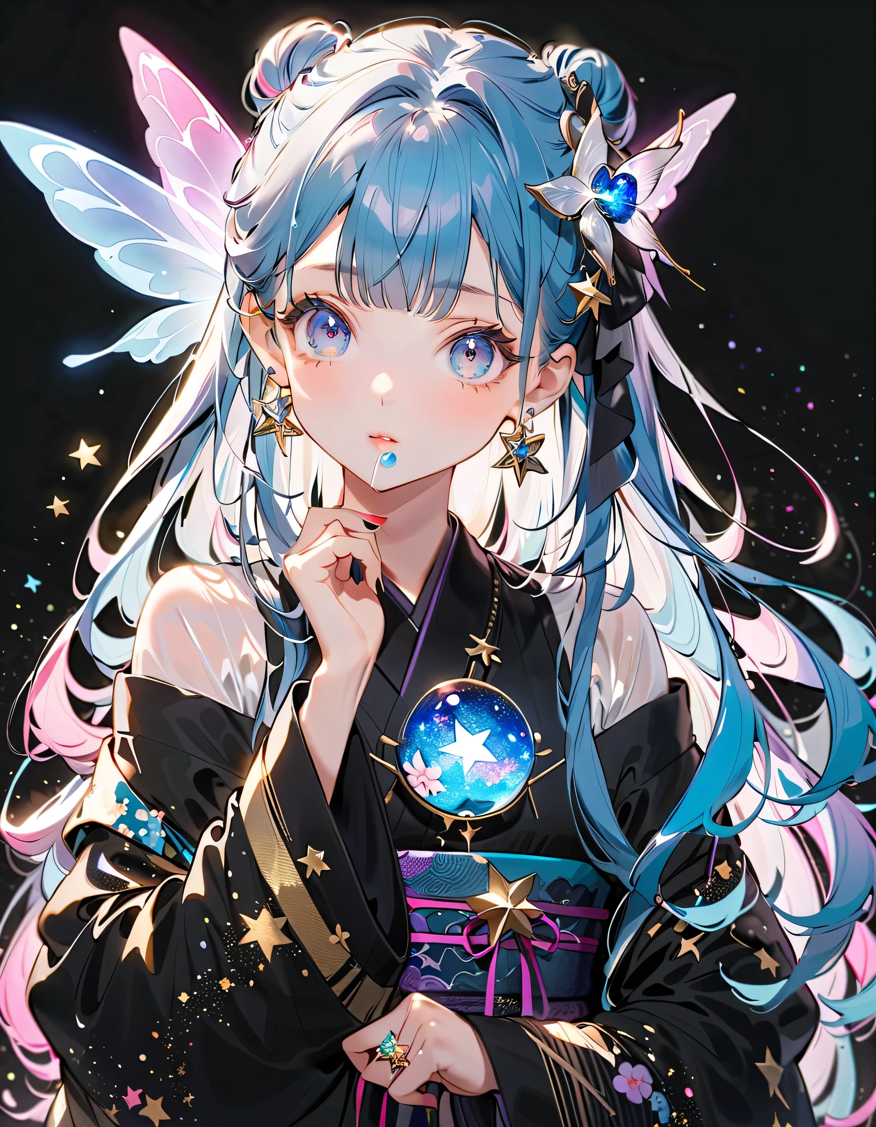 Front face facing the viewer、 staring at the viewer 、ソウタシエのstarのアクセサリー、((( Best Details、 Highest Quality、masterpiece、Super Detail、after being played in high definition)))、1 girl on break day,,Blink, ((( hair color is milky white and hair tips are blue ,Starry Hair)))、unique cute hairstyle (A large space-patterned ribbon on the head)、 The Cutest Girl in the World ,wear a colorful and cute gothic kimono costume ,small, rainbow-colored, translucent fairy wings grow from the waist、 Star Fairy ,wear a colorful and cute gothic kimono costume 、 simple background、 Best Details 、 Long and wide cuffs 、star々Hair ornament、 vtuber character design 、 glitter、 detailed eyes 、Delicate lines of hair,starのモチーフ、Mevius ring earrings、diamond、Pearl、Starry Hair ,((( Best Details、 Highest Quality、masterpiece、Super Detail、after being played in high definition)))、1 girl on break day,,Blink, ( hair color is milky white and hair tips are blue ,Starry Hair)、Best Details、1girl,character design sheet、(((Gothic ta Kimono ))),Front view portrait、vtuber,(((Best Composition、Highest Quality、masterpiece、Super Detail、after being played in high definition)))、pretty face、Baby Face、(((Long hairstyles for unique and long hair)))、(((Milky white and blue hair color:1.Tar Fairy、Translucent seven-color fairy wings、starHair ornament、starやuniverseをモチーフにしたGothic ta Kimono )))、(((Kimonos are short、Long sleeves、I'm wearing a 、 with frills 、Off Shoulder)))、universe、Milky Way、流star群、star、 ((WEAR A COLORFUL AND CUTE GOTHIC KIMONO COSTUME、Long sleeves、The cuffs are widened)), big ribbon on top of head, neon color frill, the cutest girl in the world, star background, Best Details , starHair ornament, vtuber character design, neon, Shine, Sparkling, star charm、universe pattern、long boots、neon color palette、black light、Starry Hair,((( gradation eye color )))、