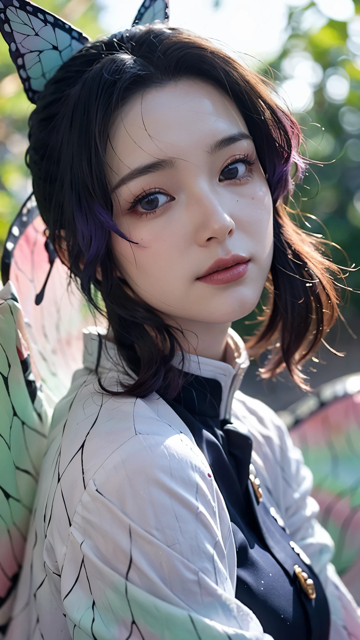A stunningly realistic portrait of a woman inspired by Shinobu Kocho from Demon Slayer, portrayed as if she exists in the real world. She has long, flowing black hair with indigo tips, styled neatly with a butterfly-shaped hairpin. Her eyes are large and expressive, with a soft purple hue and a gentle, kind smile that radiates calm and intelligence. She is wearing a beautifully detailed modern reinterpretation of a Demon Slayer uniform, incorporating elegant butterfly motifs, a haori with iridescent wings patterns, and subtle textures resembling insect wings. Her makeup is soft and natural, enhancing her serene beauty. She is surrounded by glowing butterflies in a softly lit forest, with warm, golden sunlight filtering through the trees. Ultra-realistic skin texture, cinematic lighting, high detail, 8k resolution, photorealistic, soft focus, realistic shadows