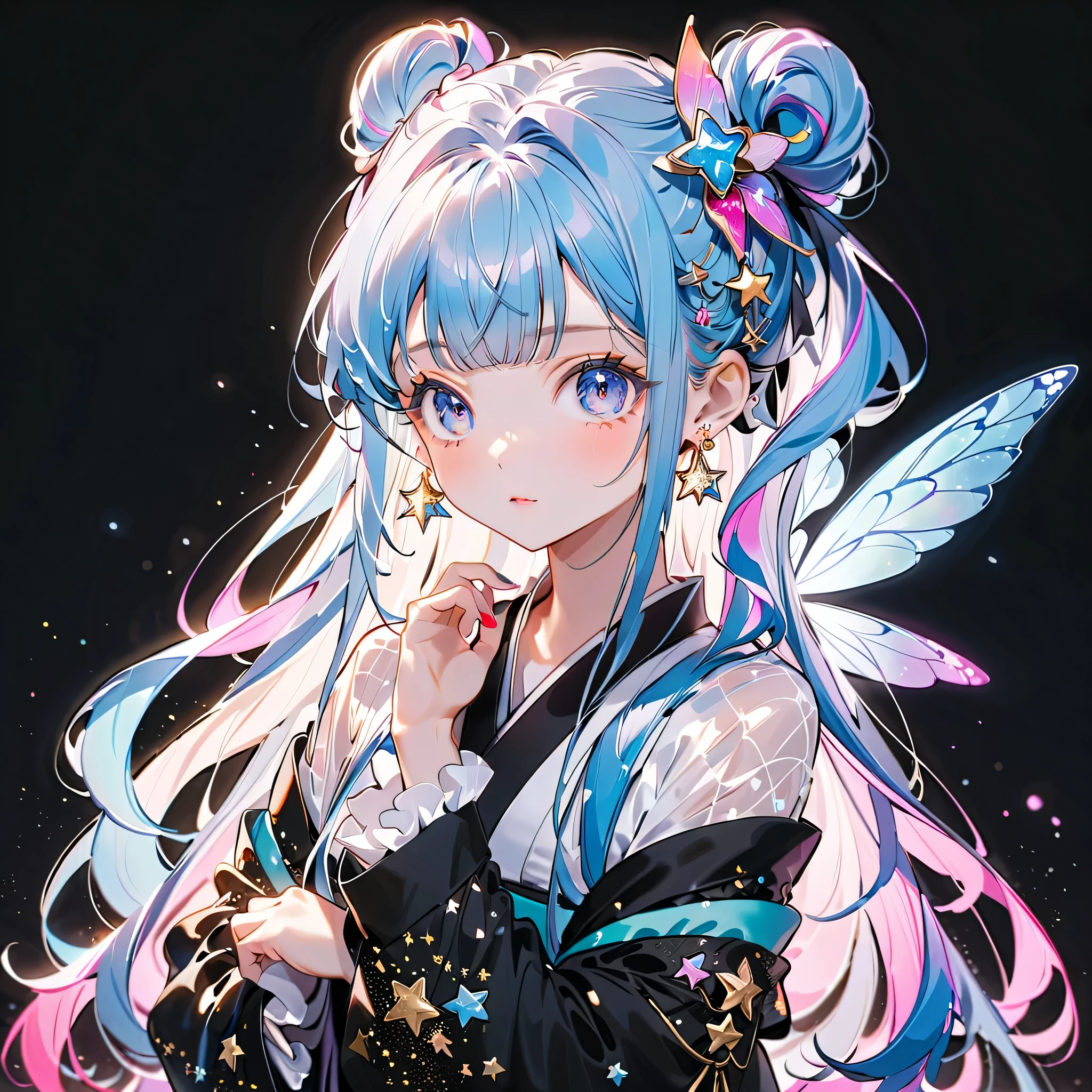 Front face facing the viewer、 staring at the viewer 、ソウタシエのstarのアクセサリー、((( Best Details、 Highest Quality、masterpiece、Super Detail、after being played in high definition)))、1 girl on break day,,Blink, ((( hair color is milky white and hair tips are blue ,Starry Hair)))、unique cute hairstyle (A large space-patterned ribbon on the head)、 The Cutest Girl in the World ,wear a colorful and cute gothic kimono costume ,small, rainbow-colored, translucent fairy wings grow from the waist、 Star Fairy ,wear a colorful and cute gothic kimono costume 、 simple background、 Best Details 、 Long and wide cuffs 、star々Hair ornament、 vtuber character design 、 glitter、 detailed eyes 、Delicate lines of hair,starのモチーフ、Mevius ring earrings、diamond、Pearl、Starry Hair ,((( Best Details、 Highest Quality、masterpiece、Super Detail、after being played in high definition)))、1 girl on break day,,Blink, ( hair color is milky white and hair tips are blue ,Starry Hair)、Best Details、1girl,character design sheet、(((Gothic ta Kimono ))),Front view portrait、vtuber,(((Best Composition、Highest Quality、masterpiece、Super Detail、after being played in high definition)))、pretty face、Baby Face、(((Long hairstyles for unique and long hair)))、(((Milky white and blue hair color:1.Tar Fairy、Translucent seven-color fairy wings、starHair ornament、starやuniverseをモチーフにしたGothic ta Kimono )))、(((Kimonos are short、Long sleeves、I'm wearing a 、 with frills 、Off Shoulder)))、universe、Milky Way、流star群、star、 ((WEAR A COLORFUL AND CUTE GOTHIC KIMONO COSTUME、Long sleeves、The cuffs are widened)), big ribbon on top of head, neon color frill, the cutest girl in the world, star background, Best Details , starHair ornament, vtuber character design, neon, Shine, Sparkling, star charm、universe pattern、long boots、neon color palette、black light、Starry Hair,((( gradation eye color )))、