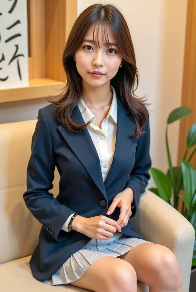 Beautiful Japanese Woman、Beautiful mature woman、Classy sexiness、blazer、cotton tight skirt、smile、Round face、Updo、Thighs、