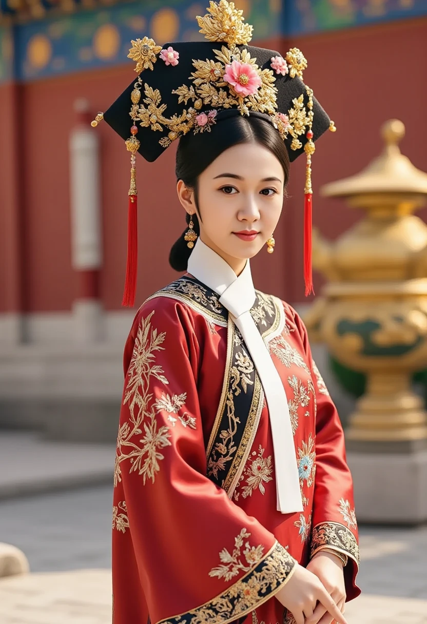[CHARACTER: Tang Dynasty Imperial Noblewoman]  
Appearance: A breathtakingly beautiful Chinese woman with luminous porcelain skin, elegant oval face, soft round eyes, and an aura of authority mixed with sensuality.  
Outfit: Wearing an **extravagant Tang Dynasty hanfu**, with layers of **rich silk robes** in hues of deep red, gold, or royal purple, adorned with **phoenix and peony embroidery**, golden trims, and flowing wide sleeves. Her outer robe drapes gracefully, revealing inner layers with intricate brocade.  
Hair: Styled in a **tall, elaborate Tang court updo**, decorated with **gold phoenix pins**, **jeweled crowns**, **floral hair ornaments**, and **dangling pearl strings**.  
Expression: Regal and composed, with a soft, knowing smile or a serene, powerful gaze — full of imperial charm and timeless grace.  

[SCENE]  
Location: Standing or seated in a **Tang Dynasty palace hall**, or on a marble terrace with carved dragons, red pillars, and hanging silk drapes. Optionally near **an imperial lotus garden** or **silk-curtained balcony** overlooking the court.  
Lighting: Warm golden indoor lighting, with beams of sunlight from tall windows or lanterns casting soft highlights on silk textures and jewelry.  
Mood: Grand, majestic, and intimate — capturing the elegance and dominance of a woman born to rule.  

[CAMERA]  
Full-body or mid-length portrait, capturing the flow of the robes, the headdress, and facial expression. Side angle or slight tilt for cinematic drama.  

[STYLE]  
Ultra-realistic 8K, cinematic lighting, dramatic shadows, soft focus on background to enhance regal presence.  
Avoid cartoonish tone — use royal color palette, authentic textures, and Tang Dynasty aesthetics.
