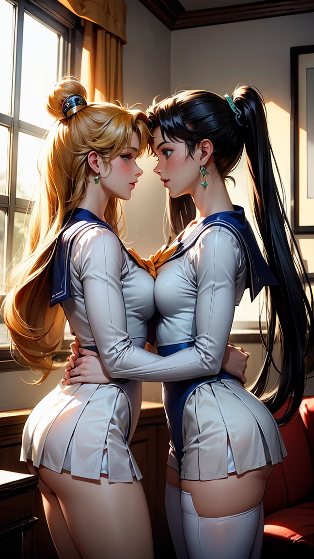 Two women in Sailor Moon costumes、Sailor suit style leotard、Kissing、Touching each other's breasts、Touching each other's crotches、Fluid from the crotch、Pleasant smile、Voluptuous body