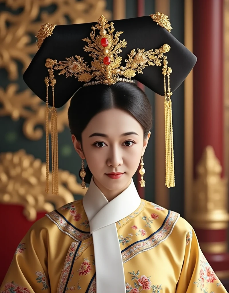 [CHARACTER: Tang Dynasty Imperial Noblewoman]  
Appearance: A breathtakingly beautiful Chinese woman with luminous porcelain skin, elegant oval face, soft round eyes, and an aura of authority mixed with sensuality.  
Outfit: Wearing an **extravagant Tang Dynasty hanfu**, with layers of **rich silk robes** in hues of deep red, gold, or royal purple, adorned with **phoenix and peony embroidery**, golden trims, and flowing wide sleeves. Her outer robe drapes gracefully, revealing inner layers with intricate brocade.  
Hair: Styled in a **tall, elaborate Tang court updo**, decorated with **gold phoenix pins**, **jeweled crowns**, **floral hair ornaments**, and **dangling pearl strings**.  
Expression: Regal and composed, with a soft, knowing smile or a serene, powerful gaze — full of imperial charm and timeless grace.  

[SCENE]  
Location: Standing or seated in a **Tang Dynasty palace hall**, or on a marble terrace with carved dragons, red pillars, and hanging silk drapes. Optionally near **an imperial lotus garden** or **silk-curtained balcony** overlooking the court.  
Lighting: Warm golden indoor lighting, with beams of sunlight from tall windows or lanterns casting soft highlights on silk textures and jewelry.  
Mood: Grand, majestic, and intimate — capturing the elegance and dominance of a woman born to rule.  

[CAMERA]  
Full-body or mid-length portrait, capturing the flow of the robes, the headdress, and facial expression. Side angle or slight tilt for cinematic drama.  

[STYLE]  
Ultra-realistic 8K, cinematic lighting, dramatic shadows, soft focus on background to enhance regal presence.  
Avoid cartoonish tone — use royal color palette, authentic textures, and Tang Dynasty aesthetics.

