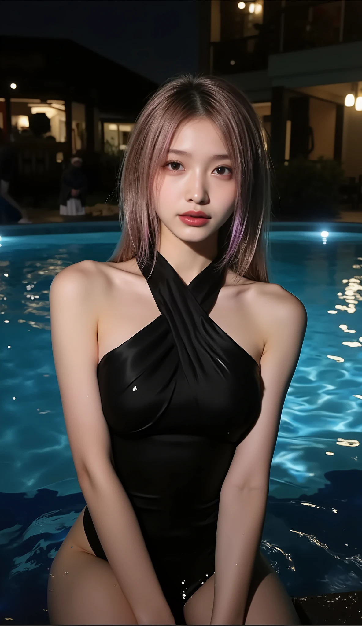 ((depicts a Korean pop idol girl。),( Walking by the Pool ),((full body shot with mahiru)),(( Resort,Night Pool,light up)),((halter neck tight black dress swimsuit,Close your chest completely)),(Moonlight illuminates you),(smile),((Soak in pool water)),(beautiful Korean idol makeup,beautiful lips,dark eyeshadow,long lashes),shiny skin staring at the camera, Show view , beautiful hair, Pure Eyes , (Super Long Straight Hair,beautiful hair with point colors),(8k, Highest Quality , masterpiece:1.2, very detailed on trends),( anatomically correct, Ultra Detailed Skin ,Refers to 5 books )