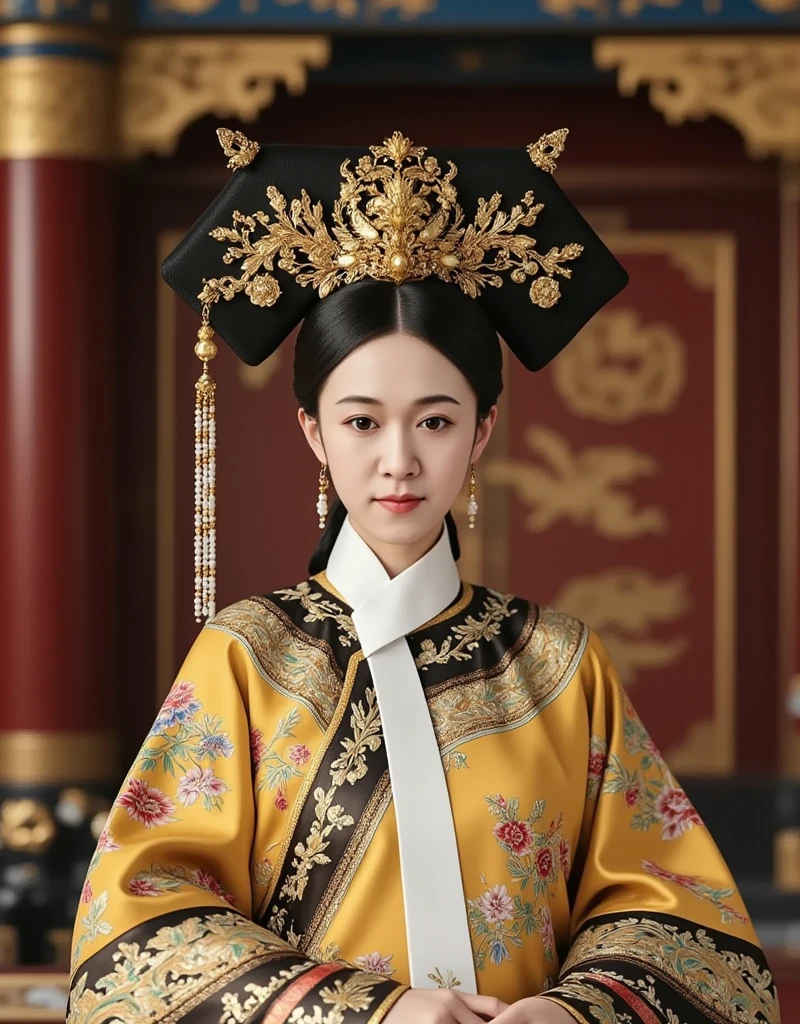 [CHARACTER: Tang Dynasty Imperial Noblewoman]  
Appearance: A breathtakingly beautiful Chinese woman with luminous porcelain skin, elegant oval face, soft round eyes, and an aura of authority mixed with sensuality.  
Outfit: Wearing an **extravagant Tang Dynasty hanfu**, with layers of **rich silk robes** in hues of deep red, gold, or royal purple, adorned with **phoenix and peony embroidery**, golden trims, and flowing wide sleeves. Her outer robe drapes gracefully, revealing inner layers with intricate brocade.  
Hair: Styled in a **tall, elaborate Tang court updo**, decorated with **gold phoenix pins**, **jeweled crowns**, **floral hair ornaments**, and **dangling pearl strings**.  
Expression: Regal and composed, with a soft, knowing smile or a serene, powerful gaze — full of imperial charm and timeless grace.  

[SCENE]  
Location: Standing or seated in a **Tang Dynasty palace hall**, or on a marble terrace with carved dragons, red pillars, and hanging silk drapes. Optionally near **an imperial lotus garden** or **silk-curtained balcony** overlooking the court.  
Lighting: Warm golden indoor lighting, with beams of sunlight from tall windows or lanterns casting soft highlights on silk textures and jewelry.  
Mood: Grand, majestic, and intimate — capturing the elegance and dominance of a woman born to rule.  

[CAMERA]  
Full-body or mid-length portrait, capturing the flow of the robes, the headdress, and facial expression. Side angle or slight tilt for cinematic drama.  

[STYLE]  
Ultra-realistic 8K, cinematic lighting, dramatic shadows, soft focus on background to enhance regal presence.  
Avoid cartoonish tone — use royal color palette, authentic textures, and Tang Dynasty aesthetics.
